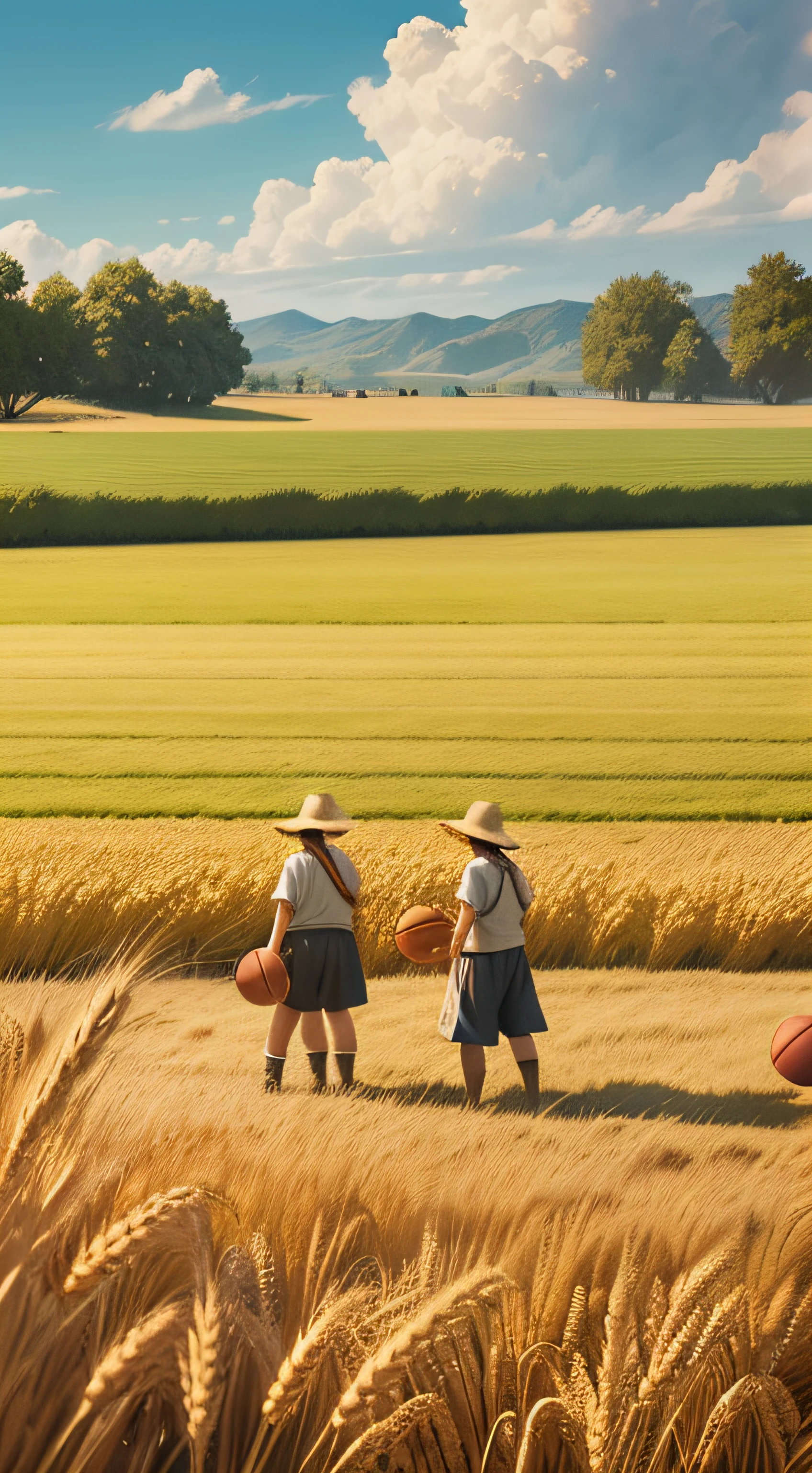 (official fanart，Official artwork，detailed game art illustration，the wallpaper，Featured art)(Two farmers holding basketballs stand in a wheat field) --auto