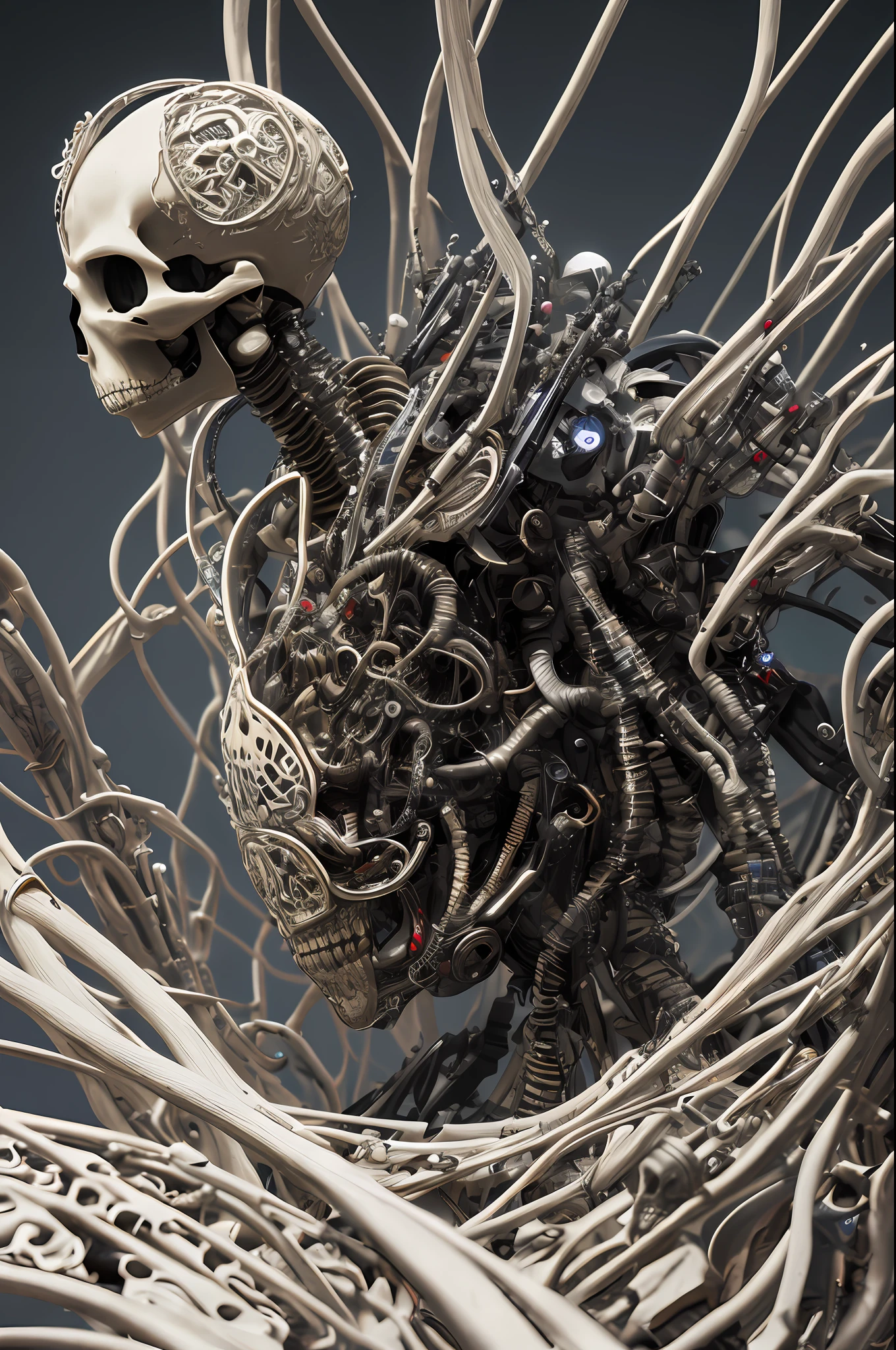 Intricate 3D Rendering Ultra Detailed Beautiful Angel of Death, Biomechanical Robot, Simulated 150mm Lens, Beautiful Natural Soft Rim Light, Neon Veins, Roots, Delicate Leaf Lace, Colorful Details, Boris Bidjan Saberi Costume, Pearl Earrings, Piercings , art nouveau fashion embroidery, intricate details, mesh lines, mandelbrot fractals, facial muscles, cables, microchips, thugs, surreal, octane, volumetric lighting, 8k and post production, red white with a bit Black, metal skull detail, half human figure, iridescent, Glenn Brown style, futuristic room, god power, high angle shot, complex body poses