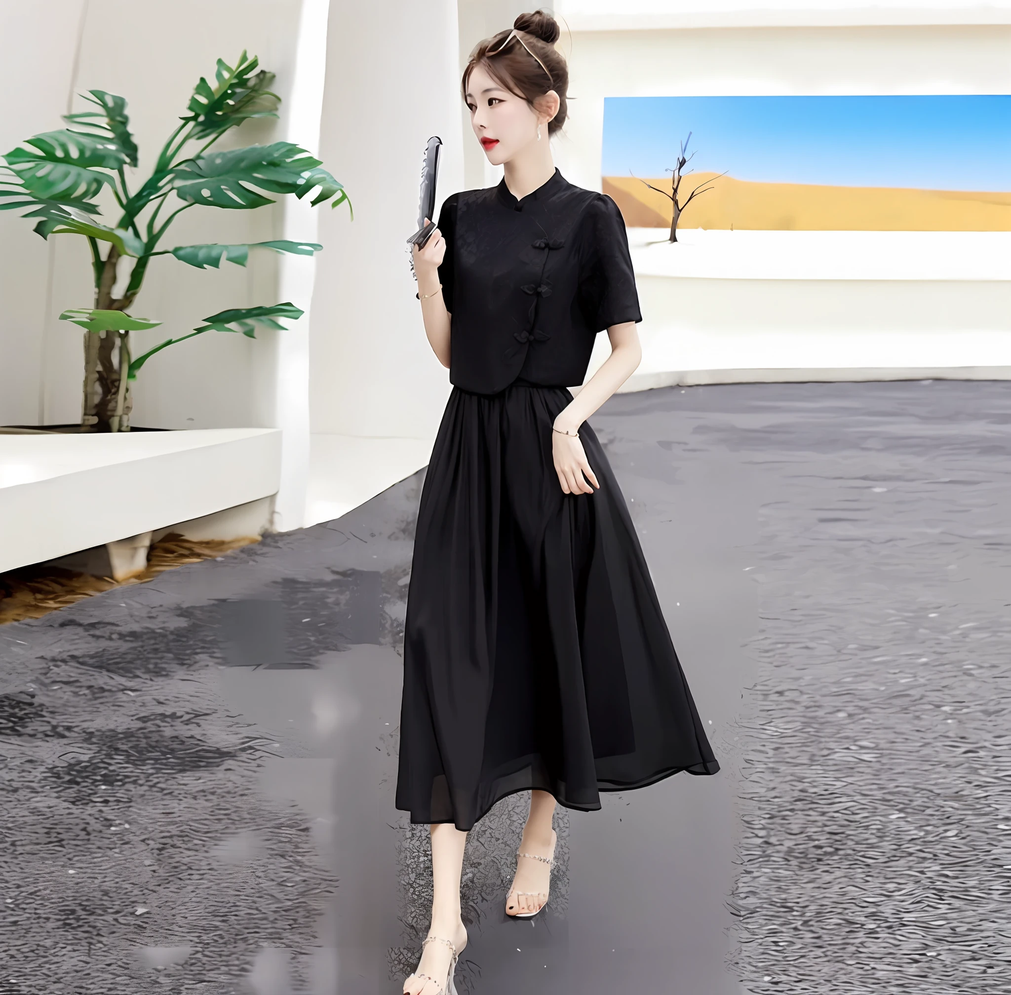 A woman in a black dress holds a knife in her hand, Cheongsam, Chinese dress, Women's long skirt, Elegant dress, dark black long dress, wearing black modern clothes, Traditional Chinese clothing, with acient chinese clothes, Chinese style, with a thin waist, casual black clothing, Long dress, wearing black old dress and hat, soft silk dress, black