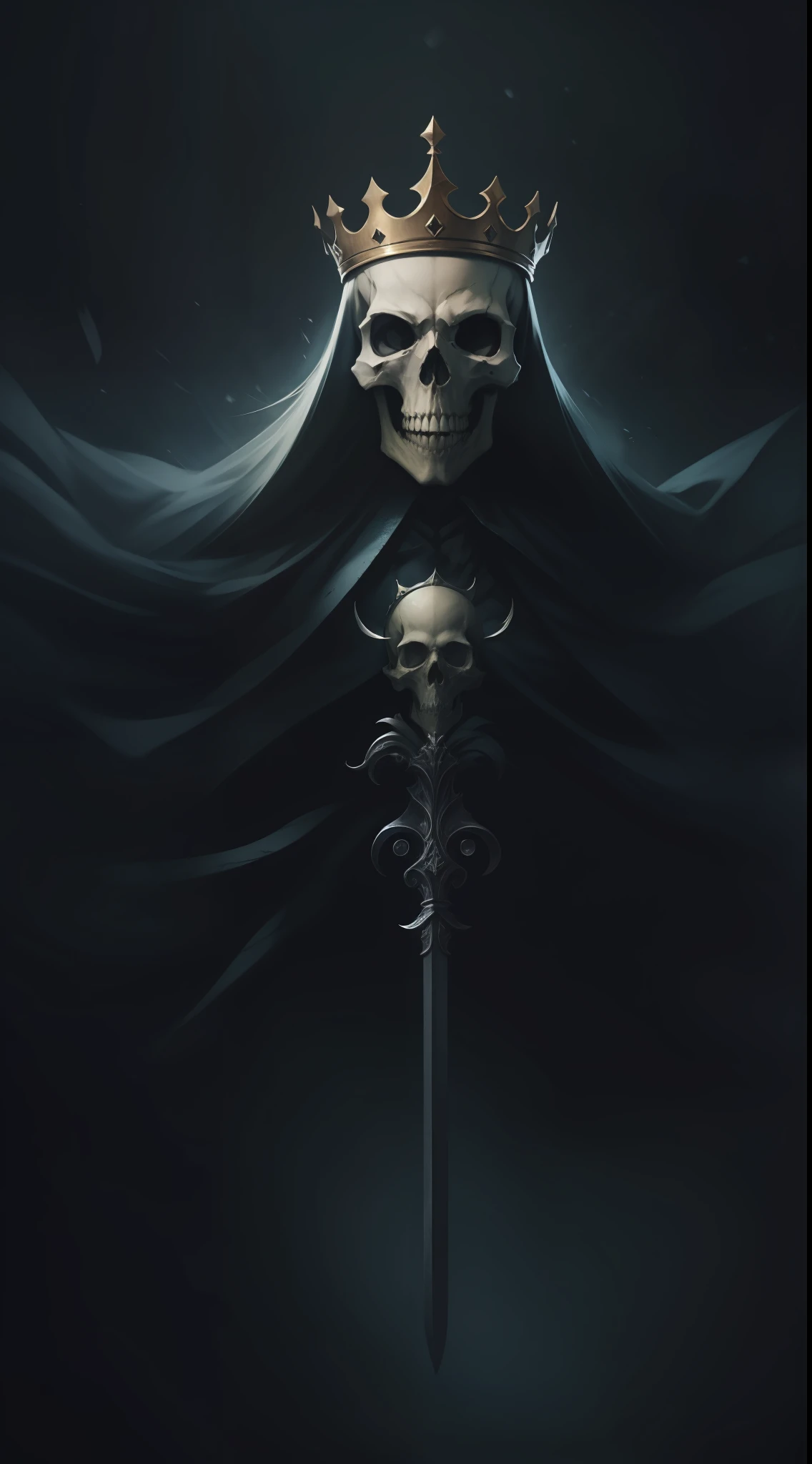 skull、Wang、crowns、skeleton king、Holding a big sword、Dark forces、(((Hyper Real)))、dark ambiance、Darkness drifts in the air、