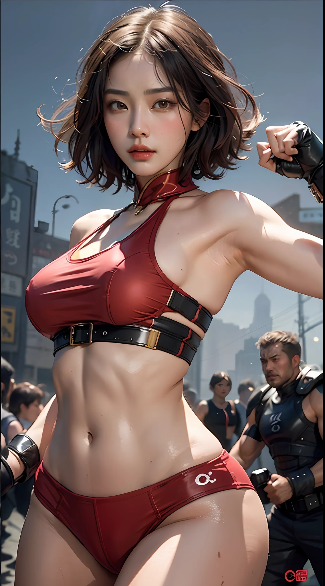 Young  woman in a red sports bra top with a black boxing glove, in a fighting pose, Best Quality, Upper Body, Beautiful, Pretty, Radiant, Breast-Large, Short Hair li bingbing, , in a fighting stance, fighting pose, by Wang Hui, Oil Painted of a woman in a red sports bra top with a black boxing glove, in a fighting pose, Best Quality, Upper Body, Beautiful, Pretty, Radiant, Breast-Large, Short Hair li bingbing, , in a fighting stance, fighting pose, by Wang Hui, she is ready to fight, lulu chen, by Yao Tingmei, by Qian Gu, by Fei Danxu, angry face. blond hair, male, mature, handsome, upper body, muscular, hairy torso, fantasy, intricate, elegant, highly detailed, digital painting, art station, concept art, soft, sharp focus, illustration, art by Gaston Bussiere and Alphonse Mucha, she is ready to fight, lulu chen, by Yao Tingmei, by Qian Gu, by Fei Danxu, angry face. blond hair, male, mature, handsome, upper body, muscular, hairy torso, fantasy, intricate, elegant, highly detailed, digital painting, art station, concept art, soft, sharp focus, illustration, art by Gaston Bussiere and Alphonse Mucha