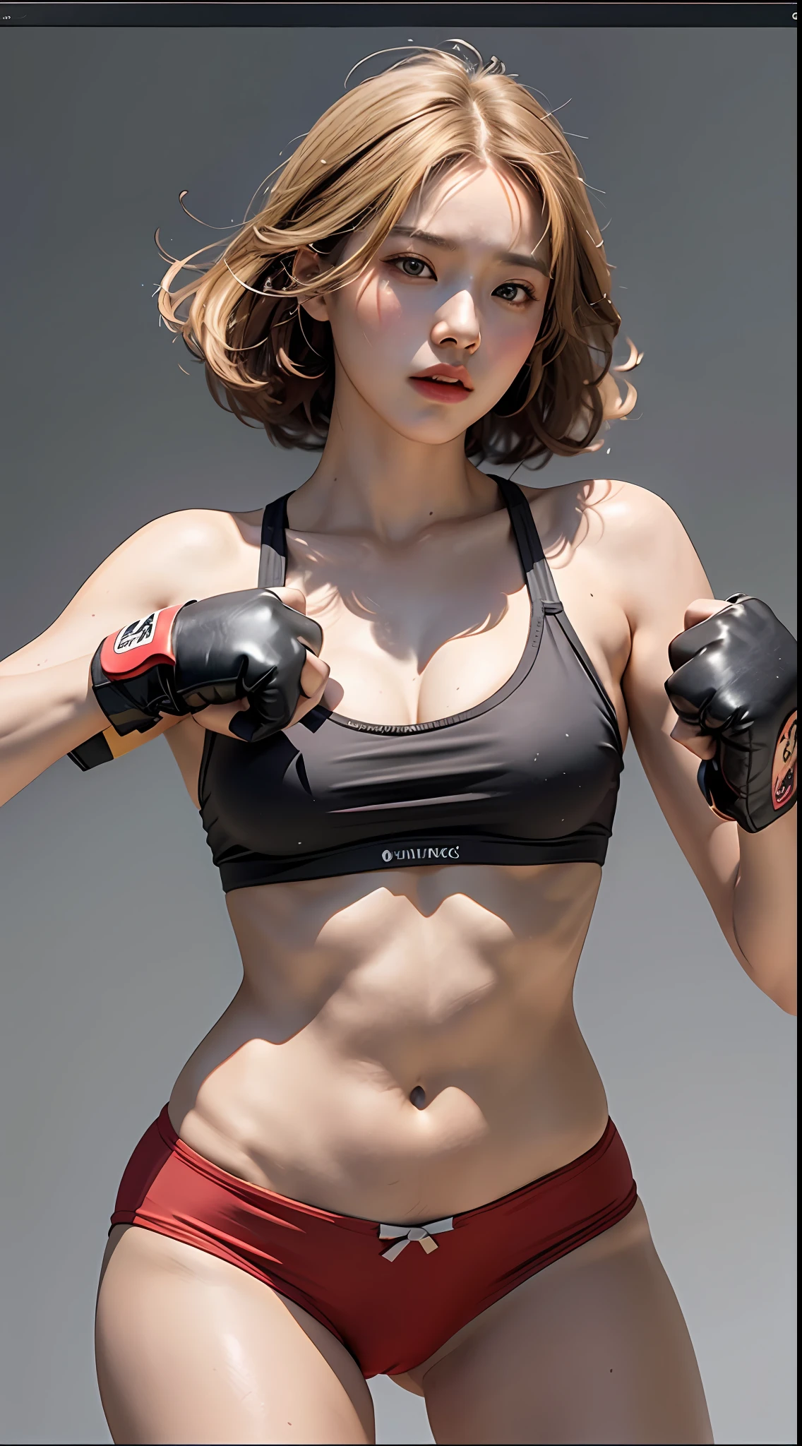 Oil Painted of a woman in a red sports bra top with a black boxing glove, in a fighting pose, Best Quality, Upper Body, Beautiful, Pretty, Radiant, Breast-Large, Short Hair li bingbing, , in a fighting stance, fighting pose, by Wang Hui, she is ready to fight, lulu chen, by Yao Tingmei, by Qian Gu, by Fei Danxu, angry face. blond hair, male, mature, handsome, upper body, muscular, hairy torso, fantasy, intricate, elegant, highly detailed, digital painting, art station, concept art, soft, sharp focus, illustration, art by Gaston Bussiere and Alphonse Mucha