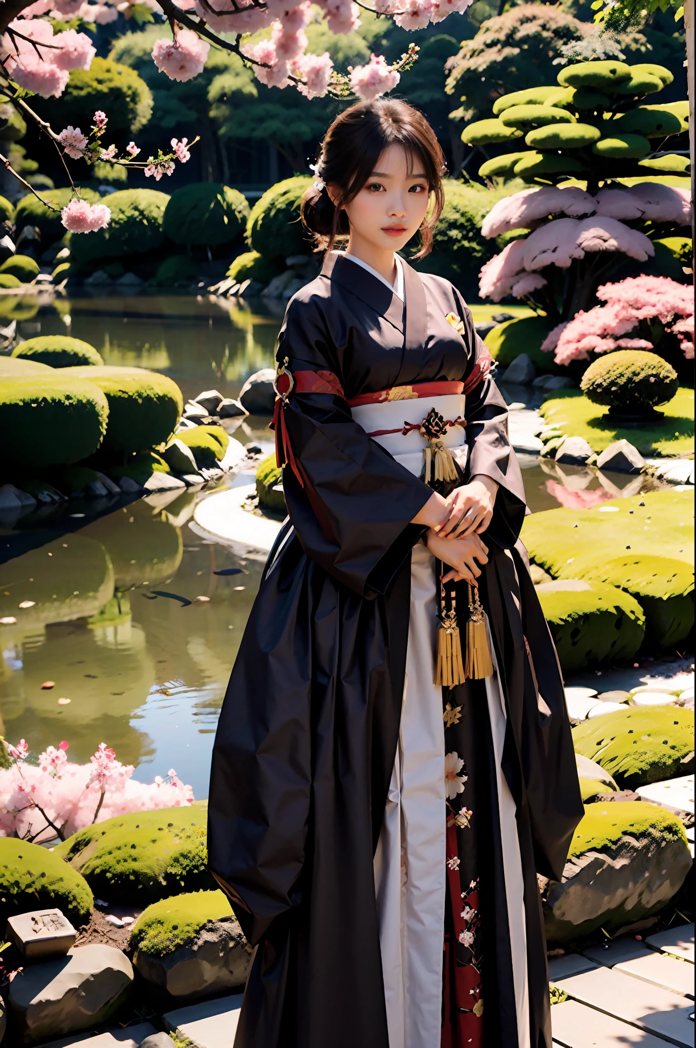 8k, ultrarealistic, japanese princess, japanese castle, japanese gardens, empress, standing next to samurai guards, brown hair, flowers, cherry blossom, mount fuji, beautiful woman, 8k, princess, elegant gown, flowy gown, sword, short brown hair, violence, darkness, evil