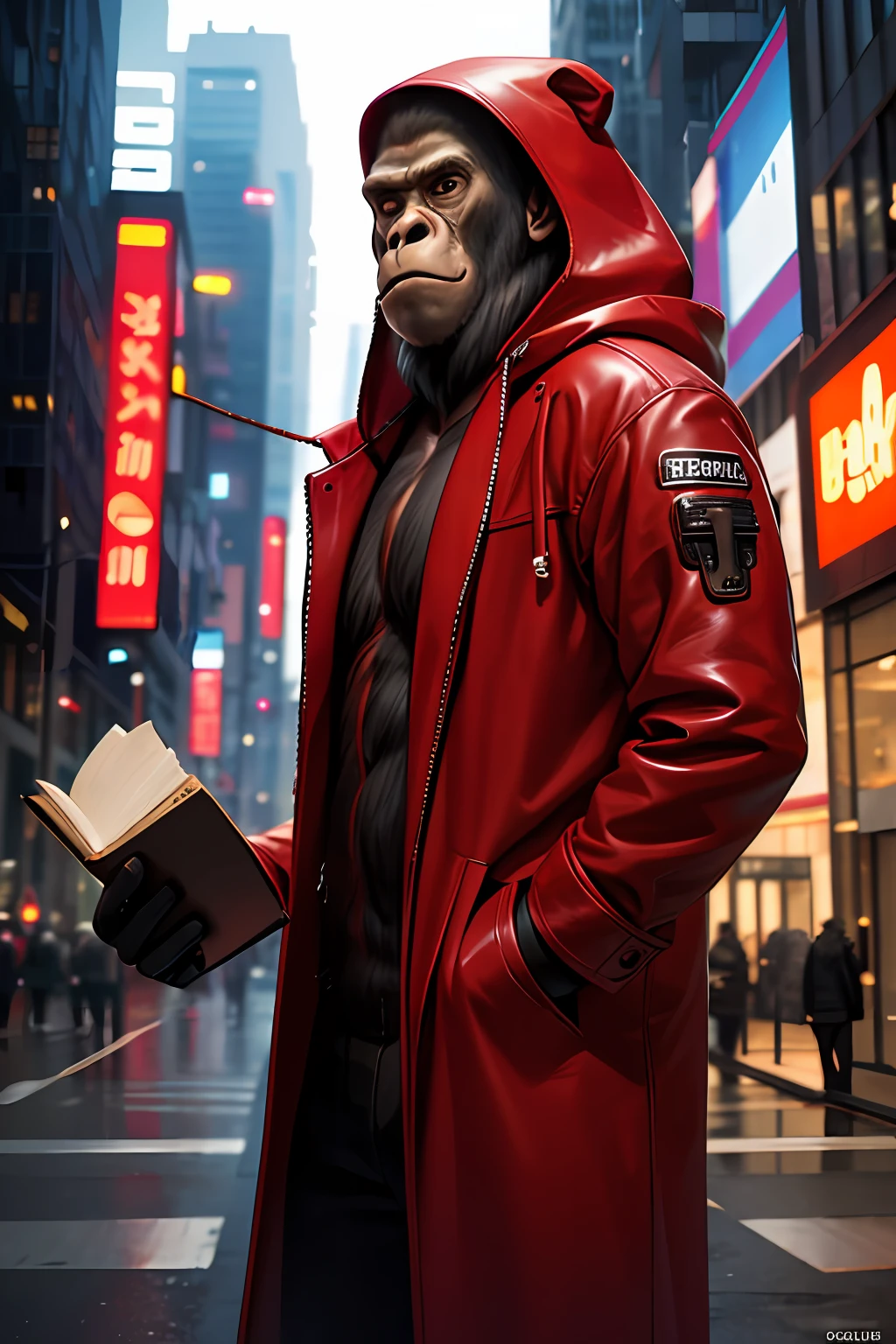 masterpiece, best quality, photorealistic ,fashionmonkey, gorilla,   blurry, book, cable, cyberpunk, gloves, red coat, holding, hood, solo,