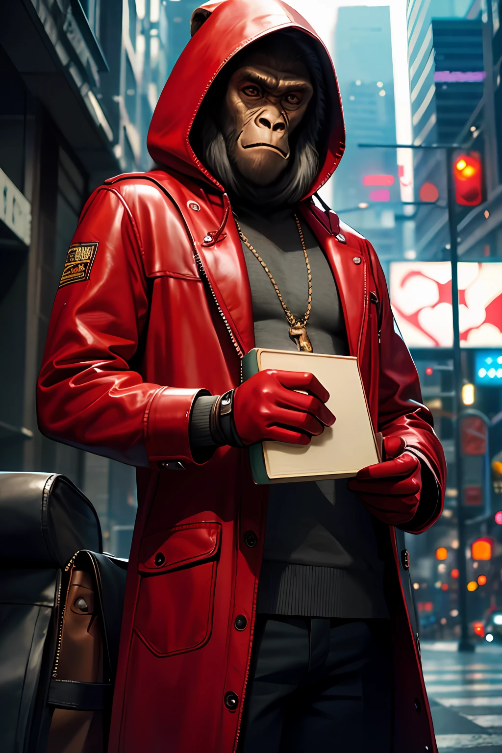 masterpiece, best quality, photorealistic ,fashionmonkey, gorilla,   blurry, book, cable, cyberpunk, gloves, red coat, holding, hood, solo,