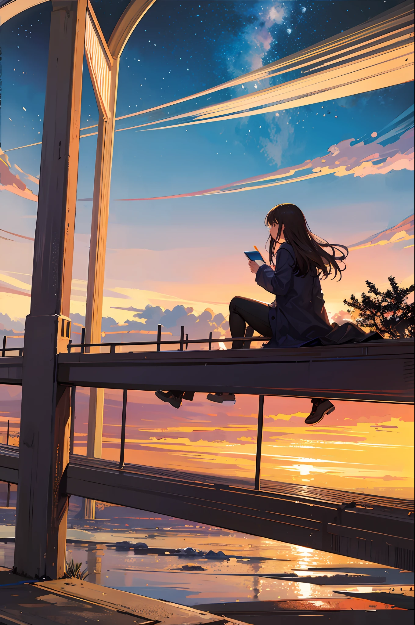 octans, sky, star (sky), scenery, starry sky, night, 1girl, night sky, solo, outdoors, building, cloud, milky way, sitting, tree, long hair, city, silhouette, cityscape