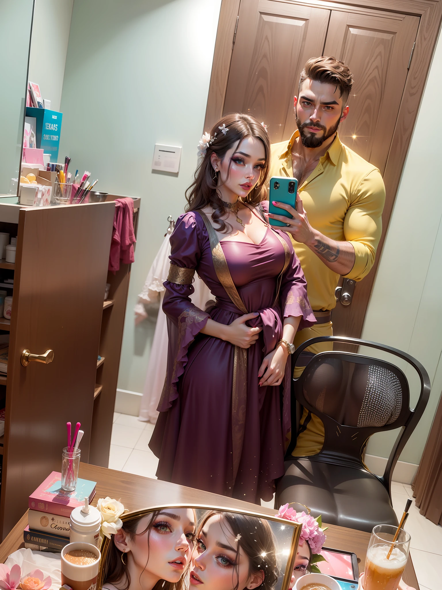 Couple mirror selfie, glitter makeup, wide lips, deep cleavage focous, breast show focous, wide hips,couple taking selfie in front of mirror, couple, realistic face, glitter all sorounding, man with beard and short hairs, glitter backgrounds and things,hot and sexy expression