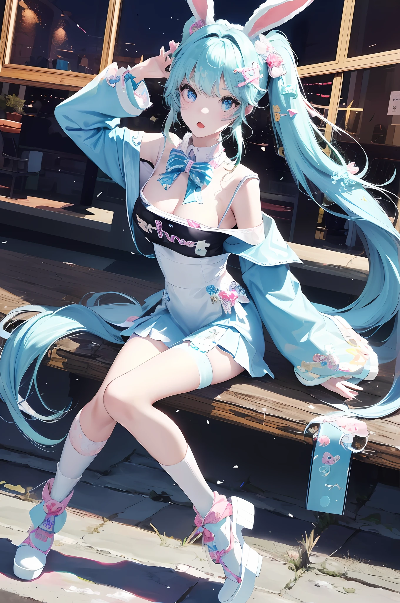 official art, masterpiece, sharp focus, (beautiful gorgeous cute Korean woman:1.3), (beautiful cute korean:1.3), korean beauty, Delicate and beautiful hair and eyes and face, realistic, ultra detailed, beautiful girl, blue sky, glow white particle, A single girl with a decora street fashion-inspired look, rocking a crazy harajuku style. She wears legwarmers and big platform shoes, and has her hair styled in adorable pigtails. The scene is set at nighttime, hairpins, accesories, bunny ears with pattern inside, striped, long socks, pale skin, hair ornament, epic scenery,
