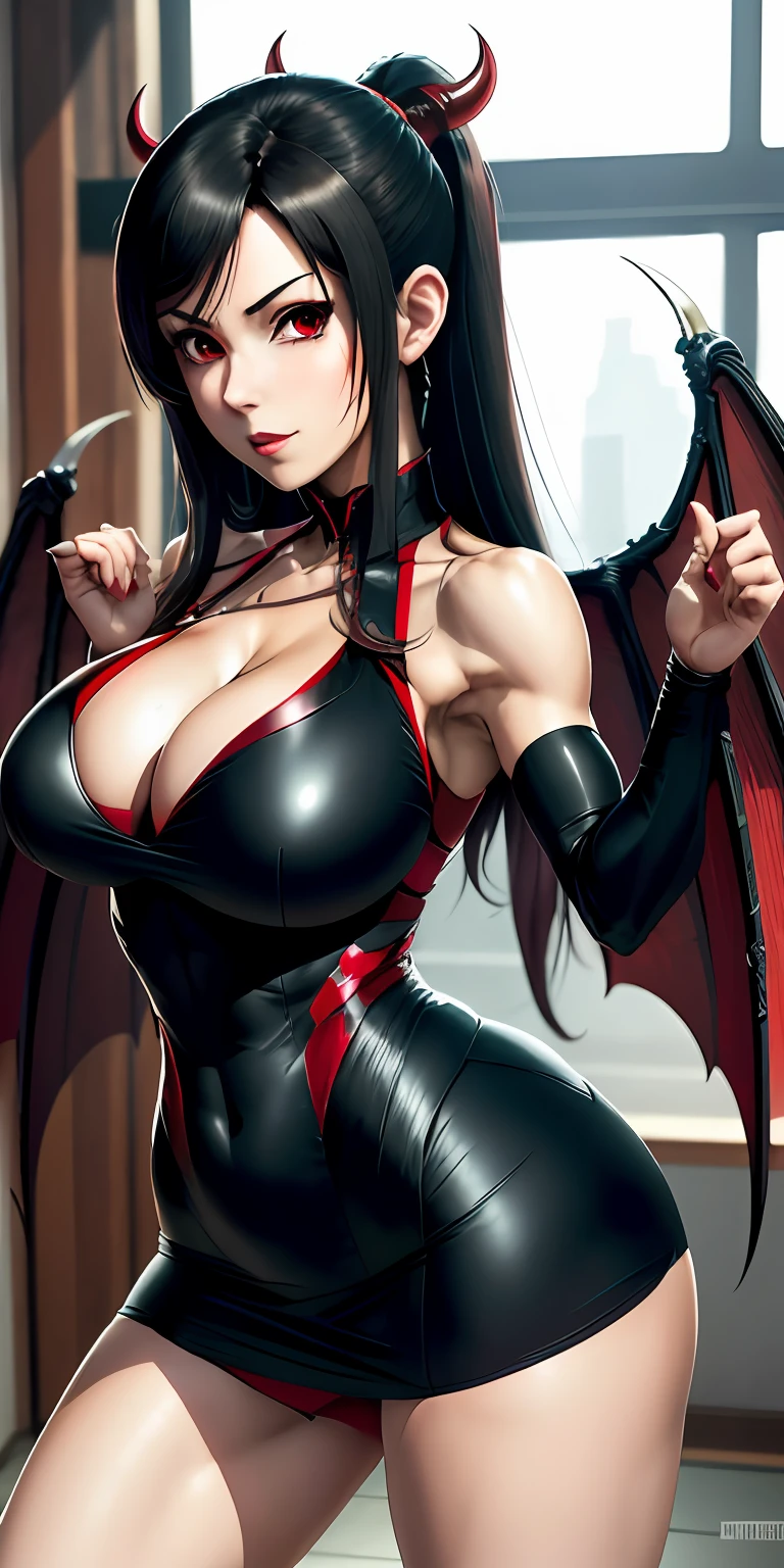 (--arafed woman --black and red clothing --posing --Cute Succubus --Japanese goddess --Villainy has black angel wings --succubus --Succubus --tight short dress --biomechanical oppai --seductive anime girl --demon mika kurai --very sexy --devil clothes, --Retrato sedutor --Tifa Lockhart --Tifa Lockhart --Cosplay --Anime Garota Cosplay, Mamalhuda), realista, real, fotografia