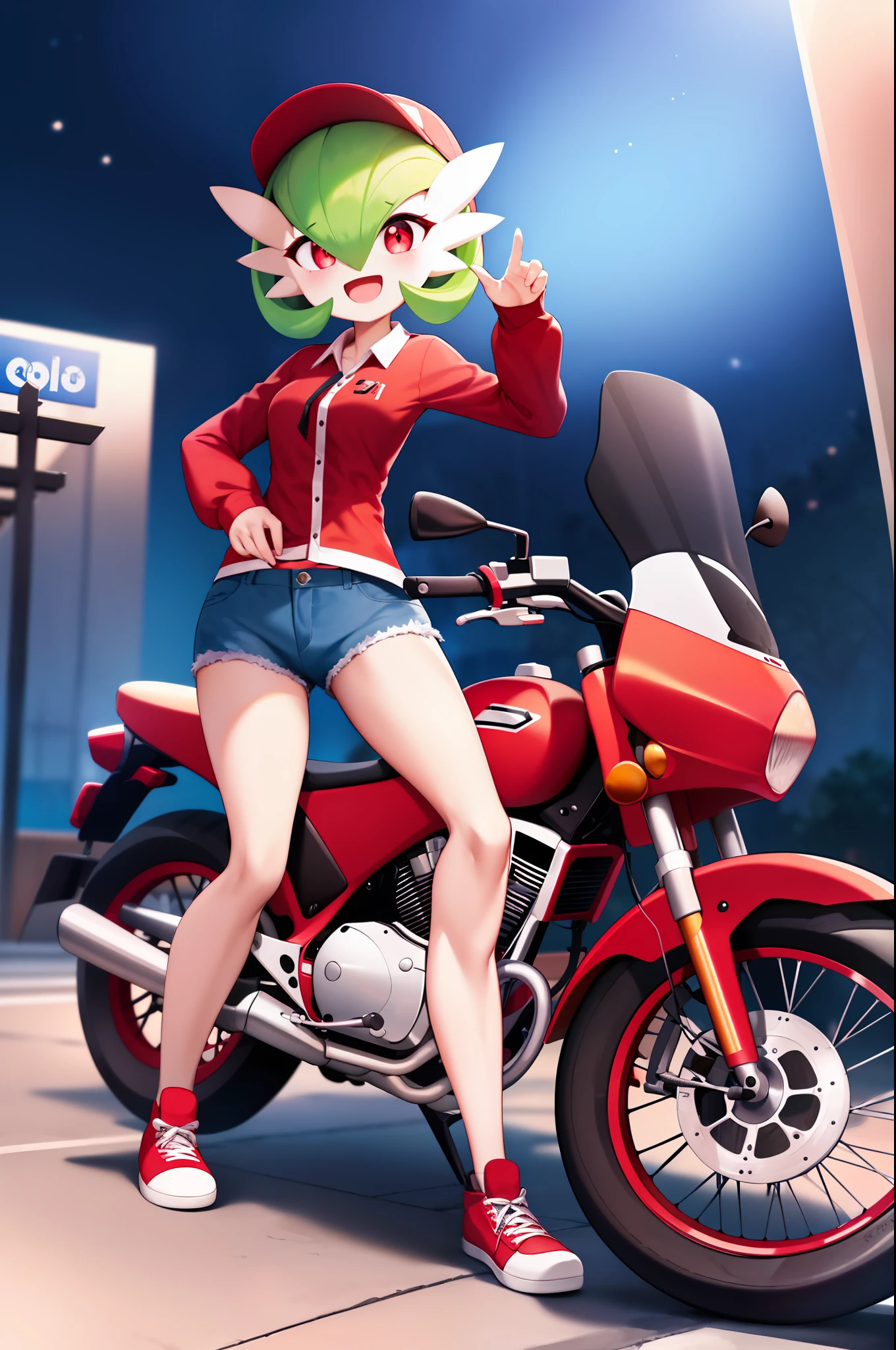 obra maestra, best_quality, 1girl, solo, gardevoir, pokemon \(criatura\), cabello verde, ojos rojos, en una ciudad, de noche, sonrisa, usando shorts, camisa roja, uniforme de pizzeria, lleva una caja de pizza en la mano, caja para pizzas, uniforme ajustado, senos femeninos, senos medianos, detras de ella hay una moto, moto vezzpa.