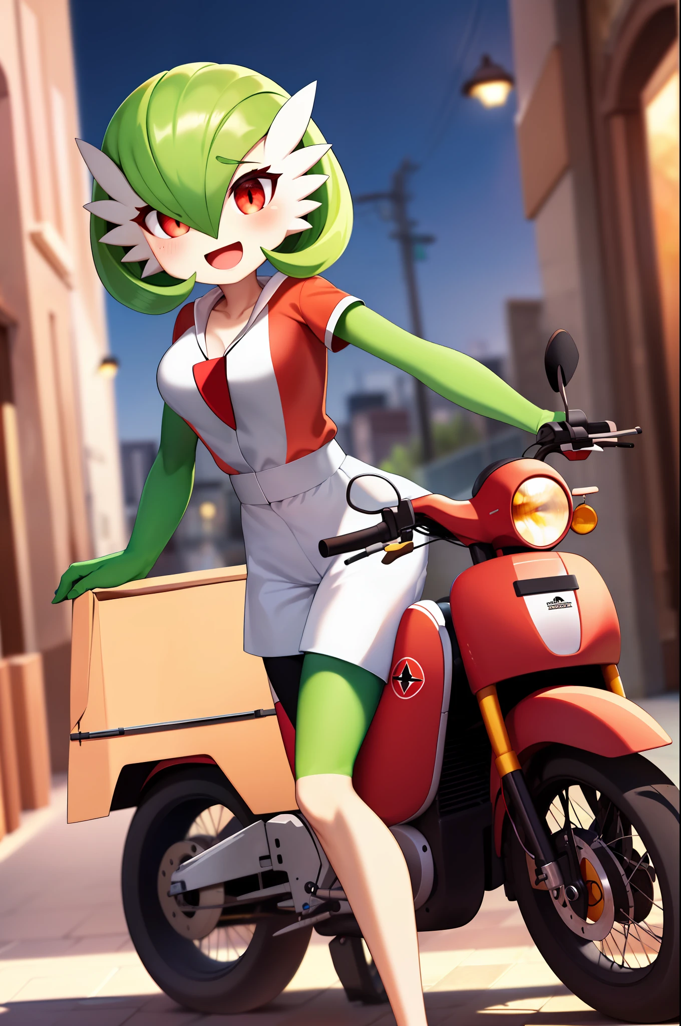 obra maestra, best_quality, 1girl, solo, gardevoir, pokemon \(criatura\), cabello verde, ojos rojos, en una ciudad, de noche, sonrisa, usando shorts, camisa roja, uniforme de pizzeria, lleva una caja de pizza en la mano, caja para pizzas, uniforme ajustado, senos fe******s, senos medianos, detras de ella hay una moto, moto vezzpa.