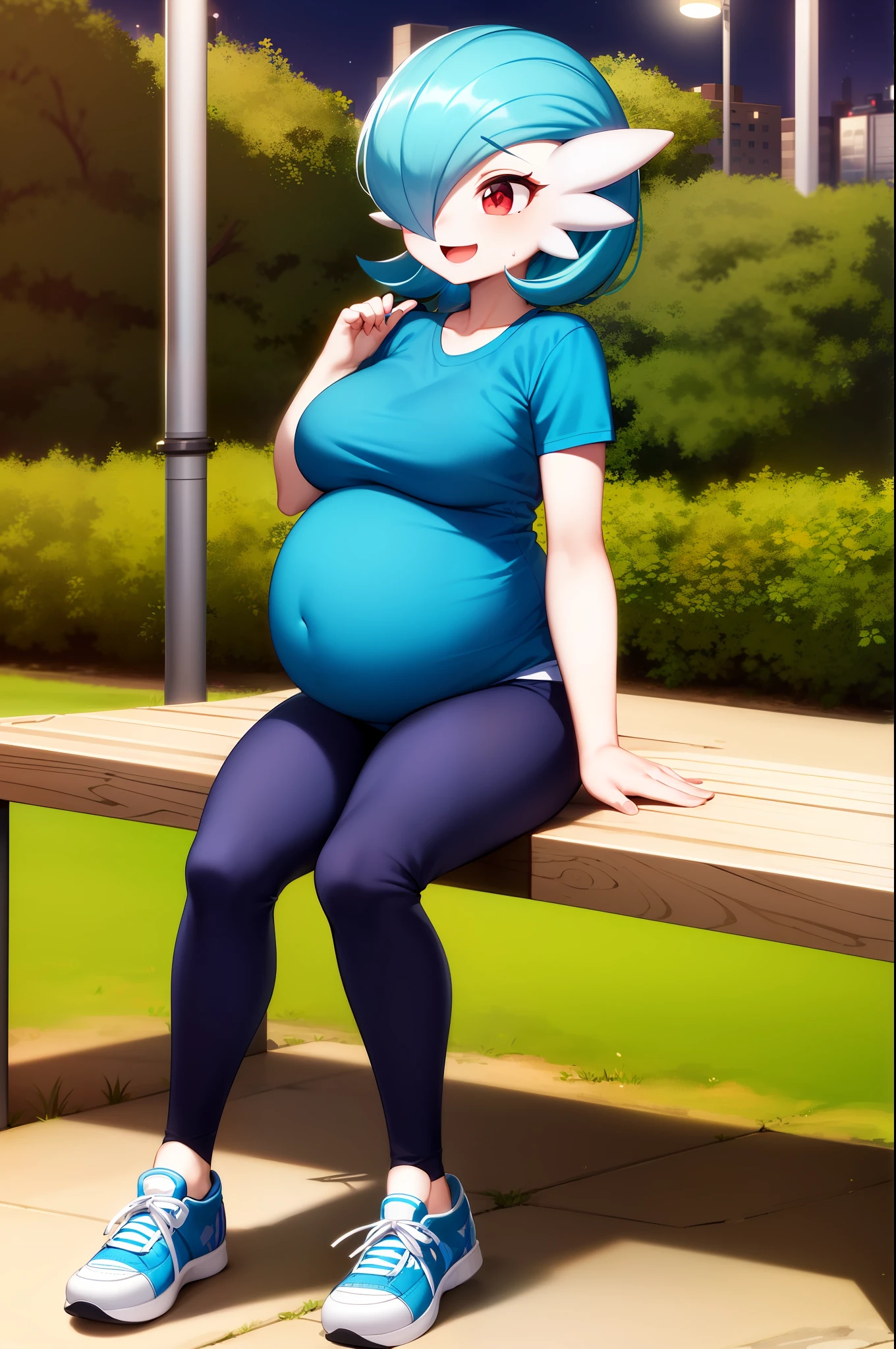 masterpiece, best_quality, 1girl, solo, gardevoir, pokemon\(creature\), blue hair, in a park, park, movie lighting, night, sitting on a bench, smile, casual clothes, short mangs black blouse, low-cut blouse, medium breasts, medium breasts, sweatpants, gray pants, full body, sneakers, pregnant. Red eyes, detailed eyes, laughing.