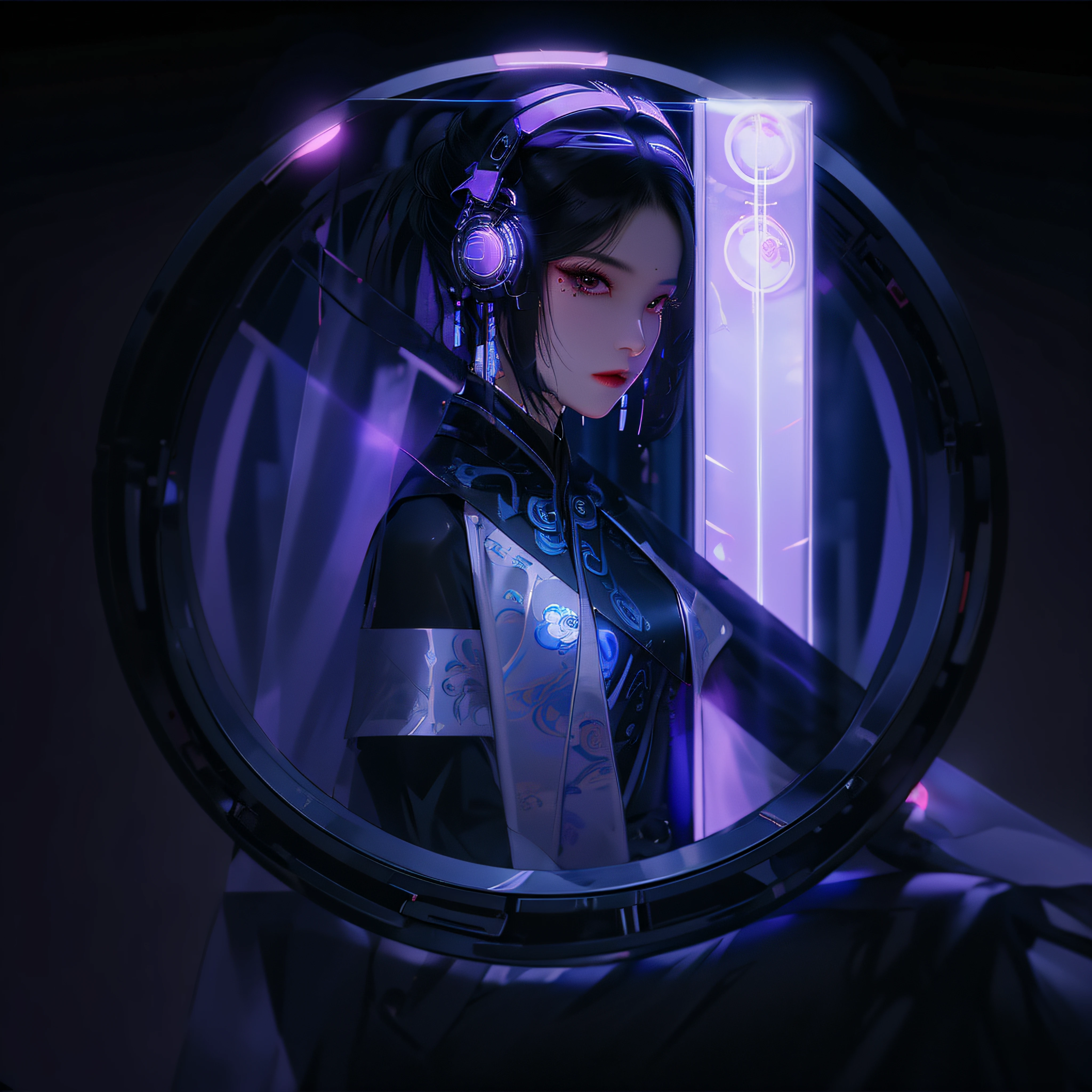 1 rapariga, Chinese_clothes, Liquid purple titanium and black, Cyberhanfu, on cheongsam, Cyberpunk-city, dynamicposes, Details illuminated headphones, luminous hair ornaments, long whitr hair, Luminous earrings,Glowing necklace,cyber punk perssonage, a high-tech city, full of machinery and futuristic element, afofuturism, technologies,luminous neon lights,purpleish color,Purple light,Translucent black tulle,black ribbon,laser,Digital background city sky,large moon,There are vehicles,Best quality at best,tmasterpiece,8K,Character edge light,hyper-high detail,high qulity,The most beautiful woman in man,Slight smile,The face is symmetrical to the left and right facing the front,Ear decoration,beautiful pupil,Light effects,visual data,Dark black hair,Ultra-detailed facial texture,Black gloves in glossy leather,elevation shooting