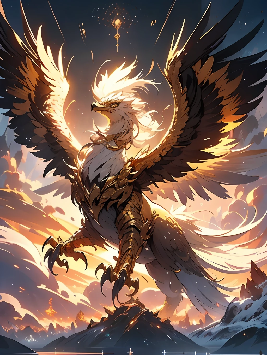 (masterpiece) a close up of a bird with wings spread out on a mountain, gryphon, transparent ((glowing golden colour feather)),artwork of a phoenix, mythical creature, fantasy mountain cliff, (intricate details),(ultra-hd),((High quality))flying mythical beasts, griffin-like style, fantasy creature, phoenix rising from the ashes, with fiery golden wings, no human