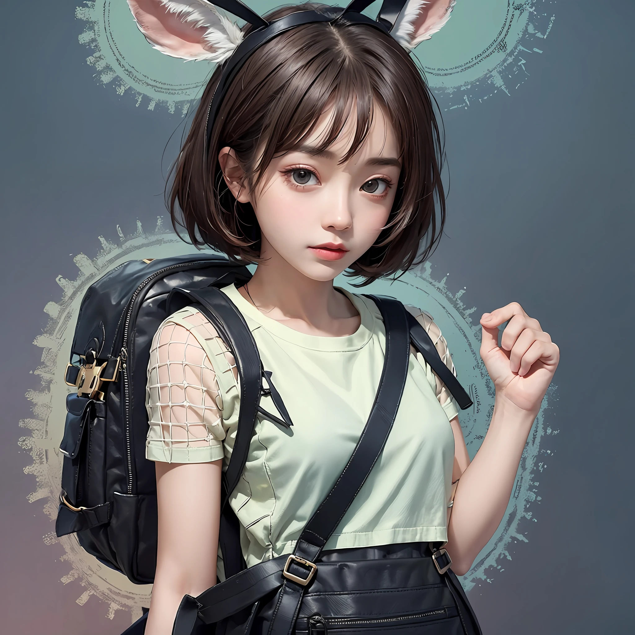 cropped t-shirt、Cargo pants、Leather backpack、Thick eyebrows、(Huge backpack:1.5)、（darkskin:1.3)、Brown skin、small tits、flats、电影灯光、small tits、Rabbit ears、(​masterpiece)、((top-quality))、(ultra-detailliert)、shinny skin、girl with、Clean and detailed face、High resolution eyes、Five Fingers、textile shading、The perfect human structure、