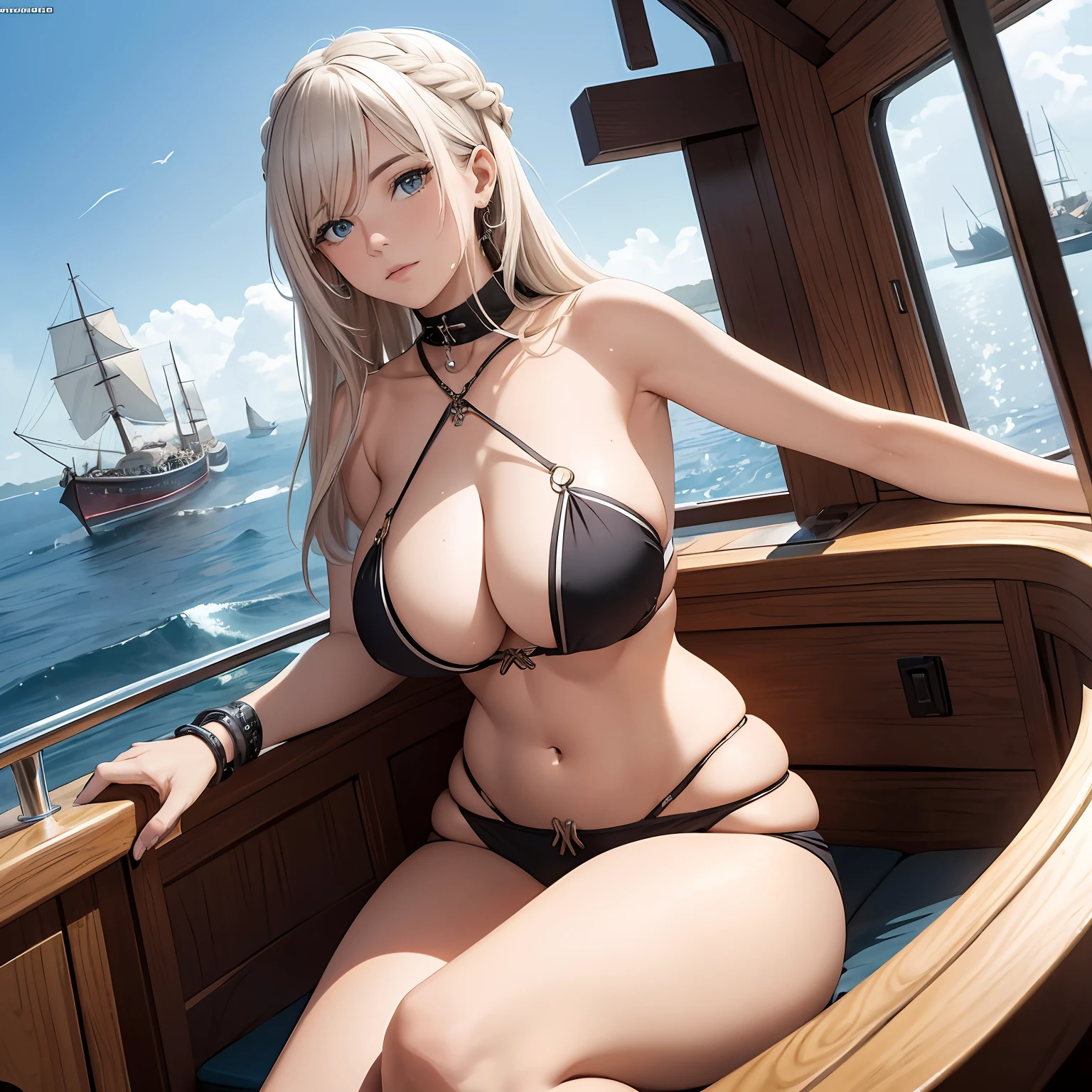 mulher (Nordic), obra prima, ((peitos grandes)), ((bunda grande)), corpo detalhado, rosto detalhado, imagem perfeita, mulher viking, 8k, Sciting Positions, (Scenery of a crowded boat), olhos azuis, simetric body, lindos cabelos ((brancos)), molhada, ela esta molhada, --auto