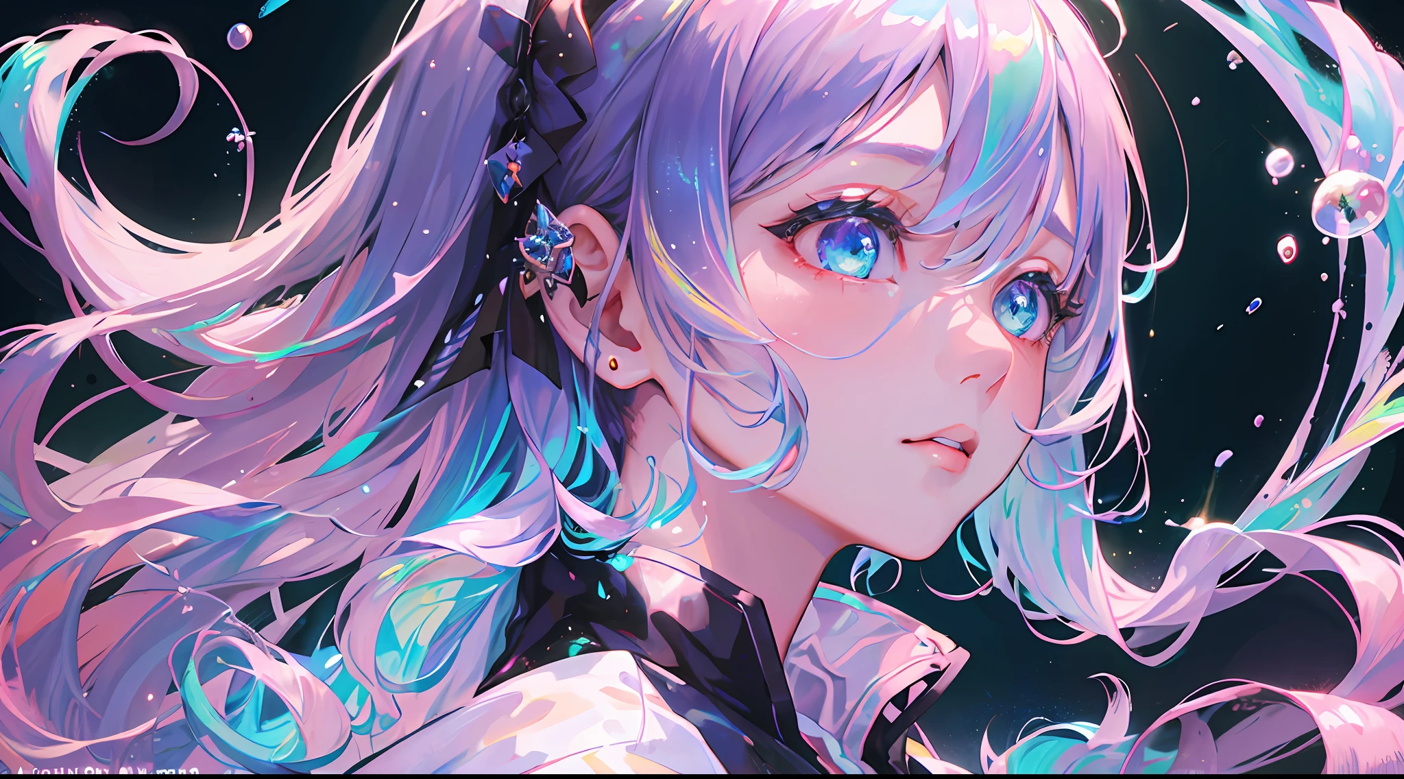 (masterpiece)、(top-quality)、(ultra-detailliert)、(dishevled hair)、(illustratio)、(1girl in)、(Fashionable clothes)、is standing、Fashion Model、Look back、(interview)、(Brief background)、Beautiful detailed eyes、Delicate beautiful face、floating、(High color saturation)、(colorful water splash)、colorful bubble、(shine)、Focus on Face、Kana Arima、Crimson hair、Bangs、hair rings、Floating hair。The girls、Anime Waifu、Look far away、Very detailed and、Reflective transparent iridescent color、Long transparent iridescent RGB hair、Art Bee Scella Rule at Art Station、Thick Acrylic、pixiv illustration、waist up portrait、Gorgeous Holy Girl、top-quality、ultra-detailliert、sad、wise、beautiful countenance、Beautiful Ryton black background、Character stvle rendered by Octane、Background Simple、hugetits、poneyTail、The strongest beauty