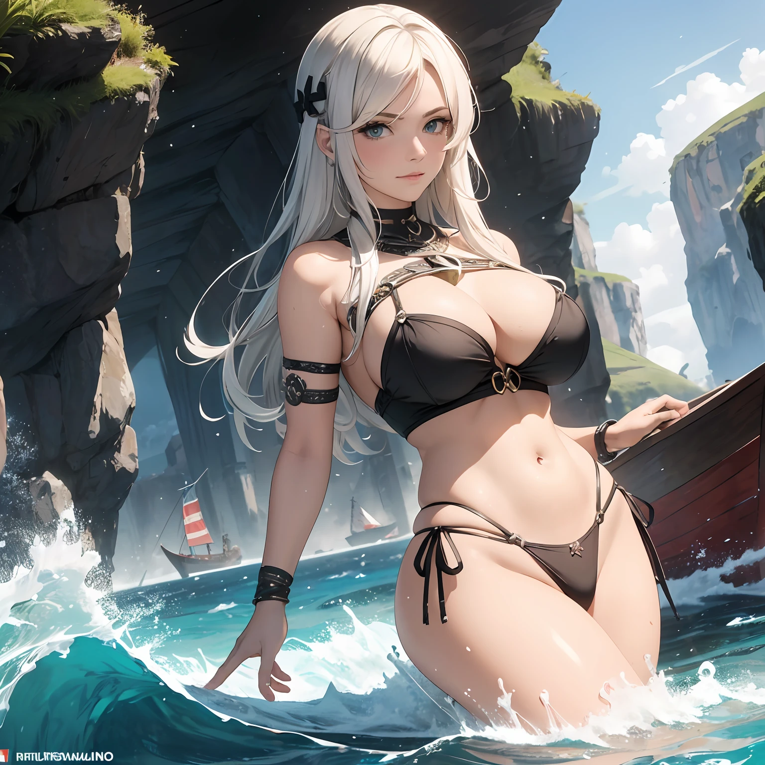 mulher (Nordic), obra prima, ((peitos grandes)), ((bunda grande)), corpo detalhado, rosto detalhado, imagem perfeita, mulher viking, 8k, Sciting Positions, (Scenery of a crowded boat), olhos azuis, simetric body, lindos cabelos ((brancos)), molhada, ela esta molhada, --auto