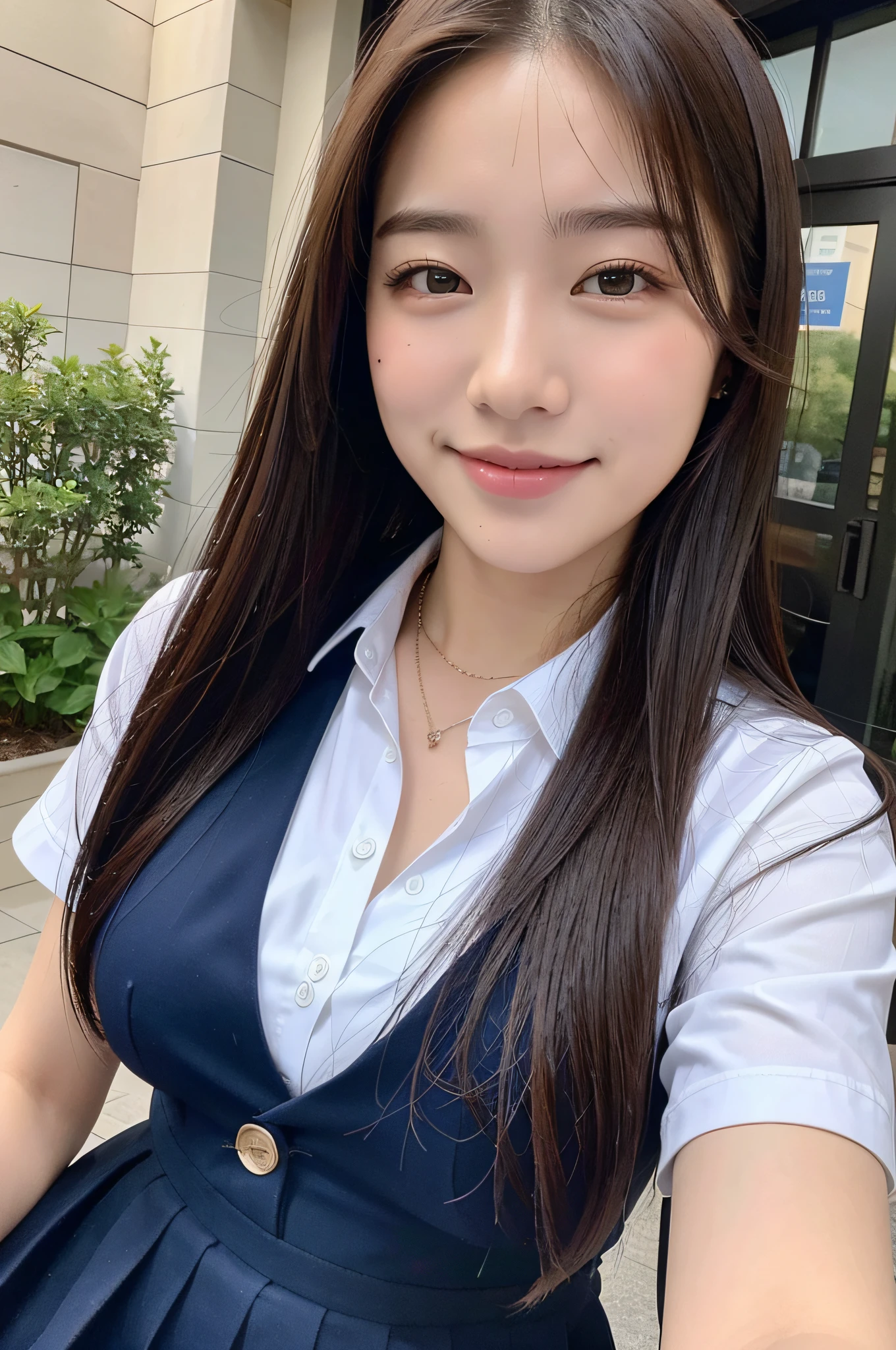 (8K), (Best Quality: 1.2), (Realistic), (Photorealistic: 1.37), Ultra High Definition, 1 Girl, Cute, Smile, Closed Mouth, Beautiful Details, Beautiful Nose, Full Body, Wet Hair, Colossal Dalsefo, Pork, School Uniform, Thighs