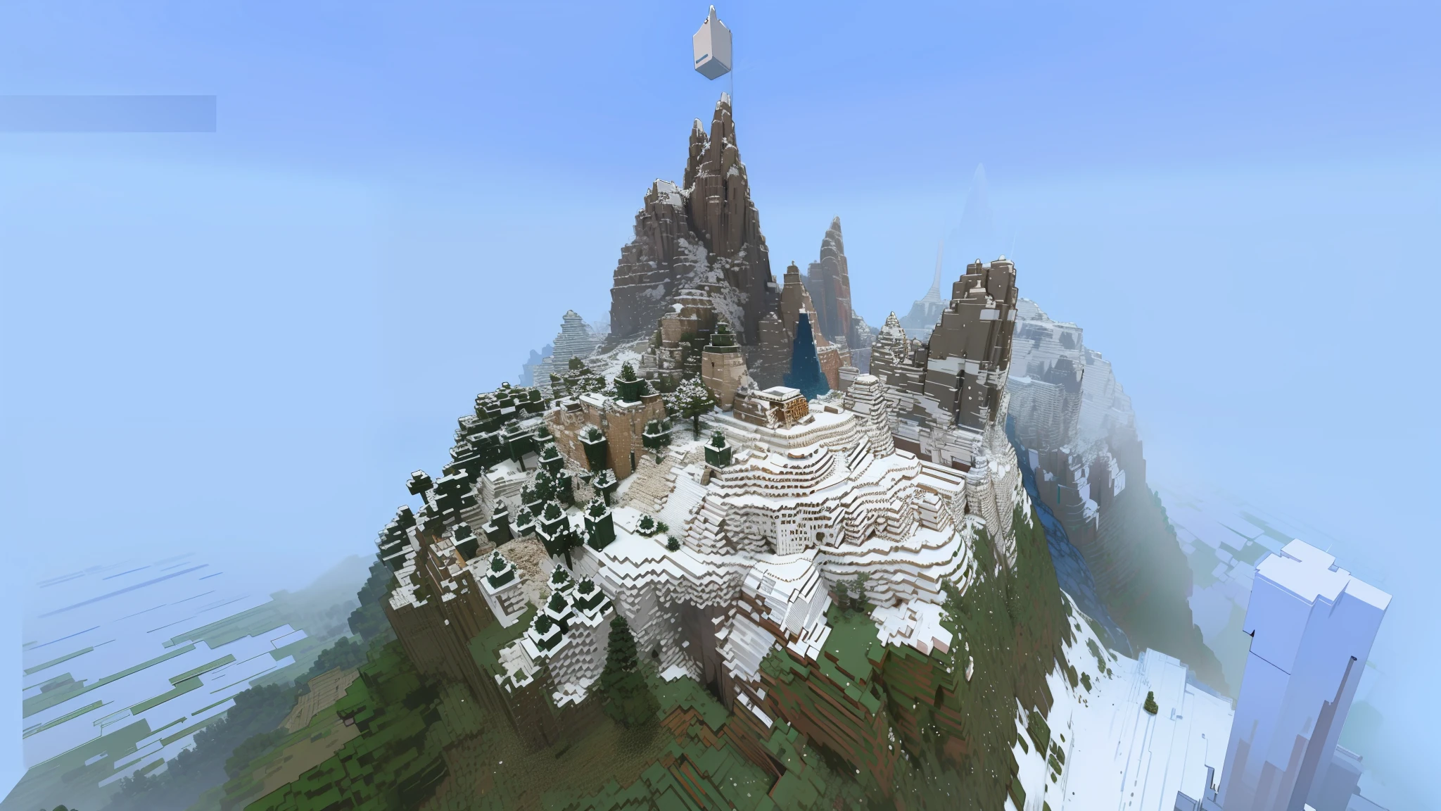 a close up of a mountain with a small waterfall in the middle, mountain fortress city, with a snowy mountain and ice, gigachad in minecraft, minecraft landscape, icy mountains, large mountain, screenshot from minecraft, snowy mountain, voxel based world, intricate scenery, highly realistically detailed, insanely super detailed, minecraft screenshot, zoomed out view, massive mountains