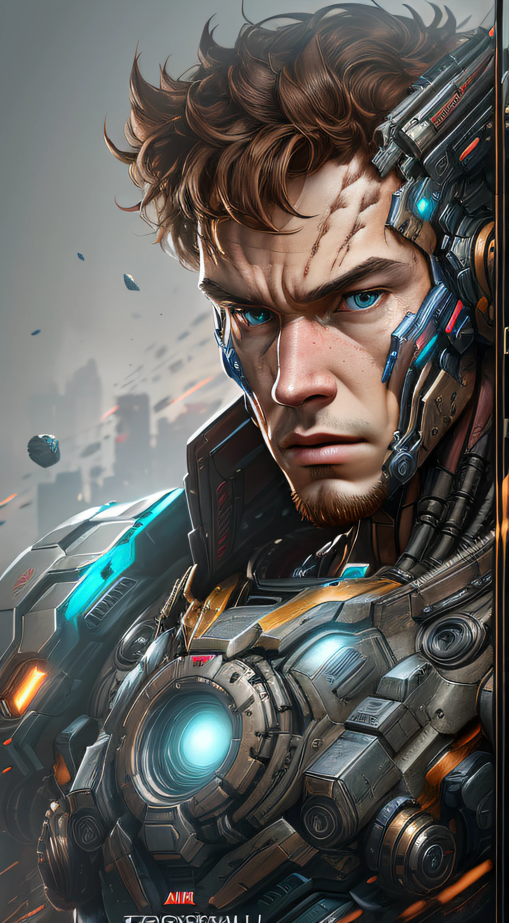Peter Quill StarLord from Marvel photography, biomechanical, complex robot, full growth, hyperrealistic, insane small details, extremely clean lines, cyberpunk aesthetic, masterpiece featured on Zbrush Central