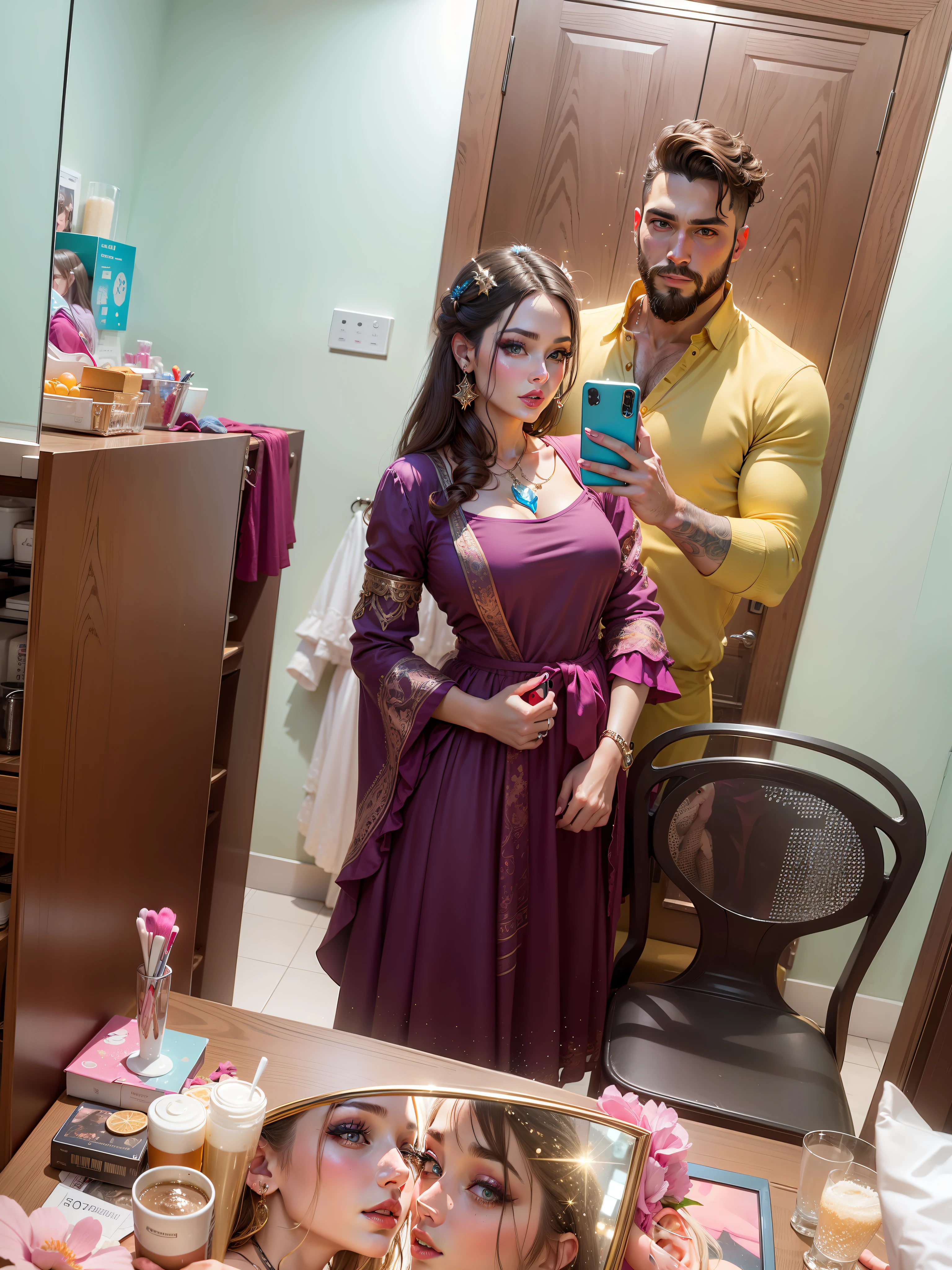 Couple mirror selfie, glitter makeup, wide lips, deep cleavage focous, breast focous, couple taking selfie in front of mirror, couple, realistic face, glitter all sorounding, man with beard and short hairs, glitter backgrounds and things