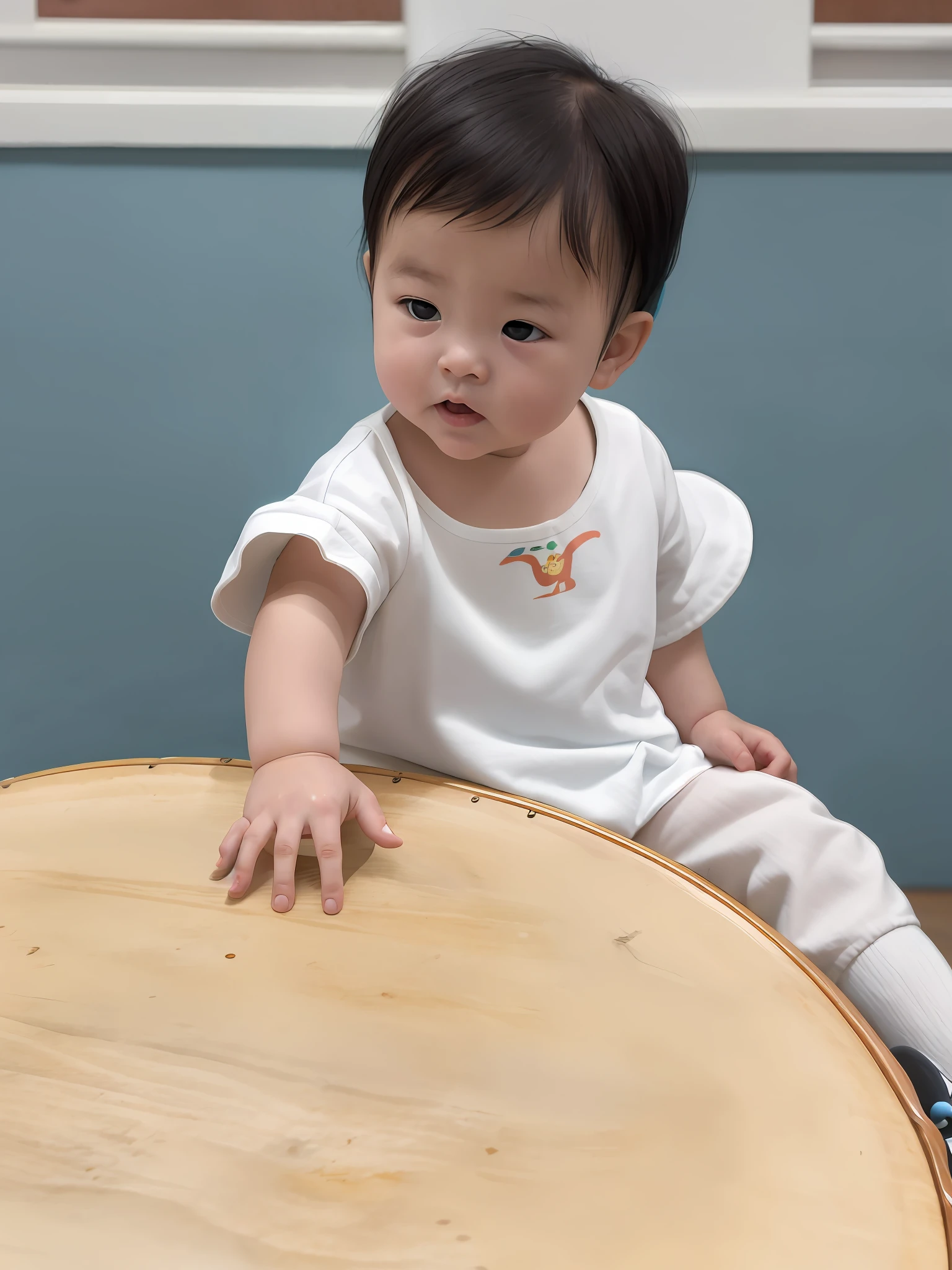 There is a baby sitting on the floor playing a drum, Plays drums, gongbi, Holding Hopsh and shields, toddlers, Beginner, Yan, Crawling on the ground, Holding Hopsh, kiddy big breasts, young child, drummer, Kim Tae-joon, Inspired by Gong Li, jaeyeon nam, Chinese, rocking out, Improvise music，Many musical instruments