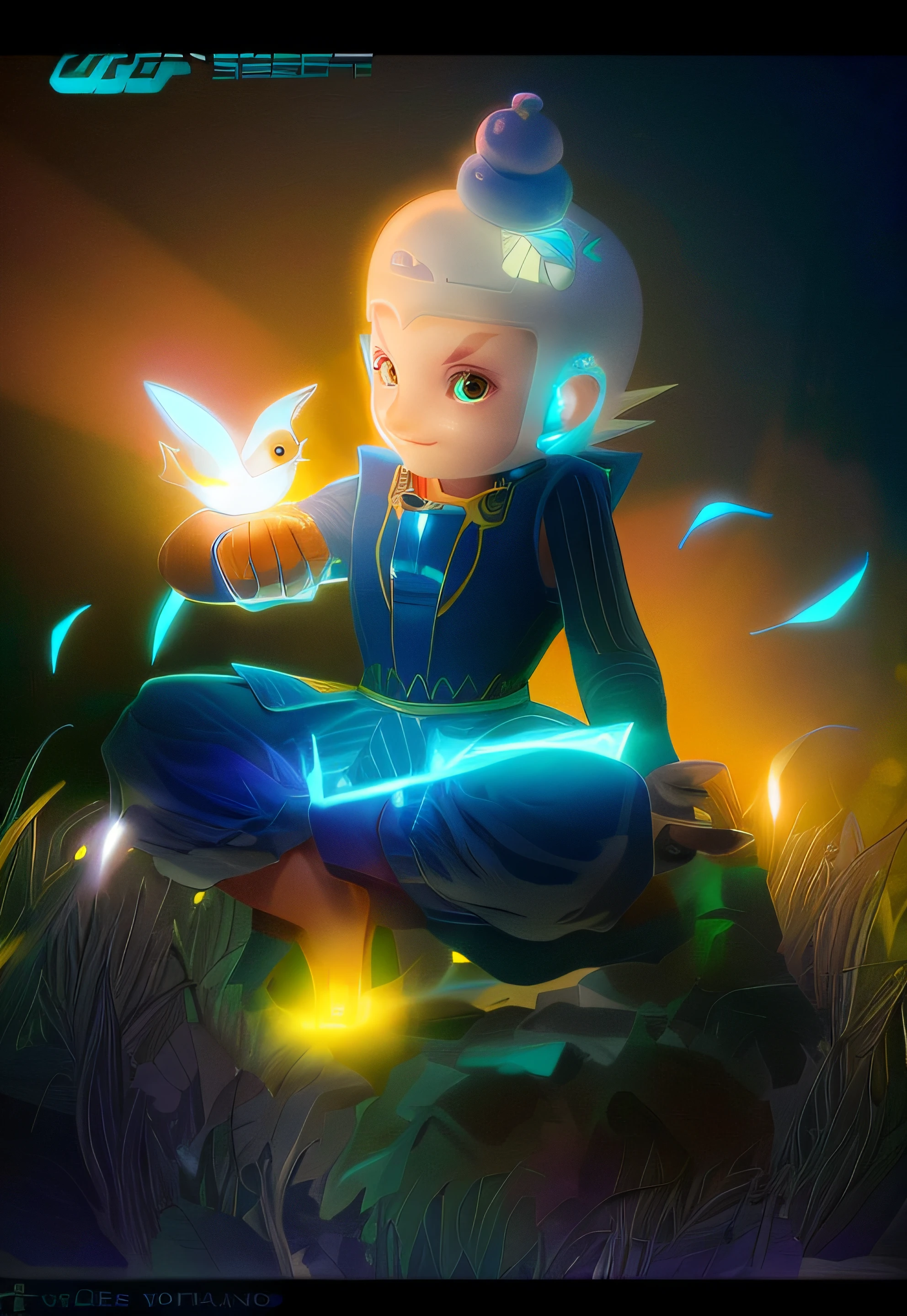 Eyes look at the bird，glowing light eyes，Glowing ears，Best quality, Masterpiece, 

Eldon ring,