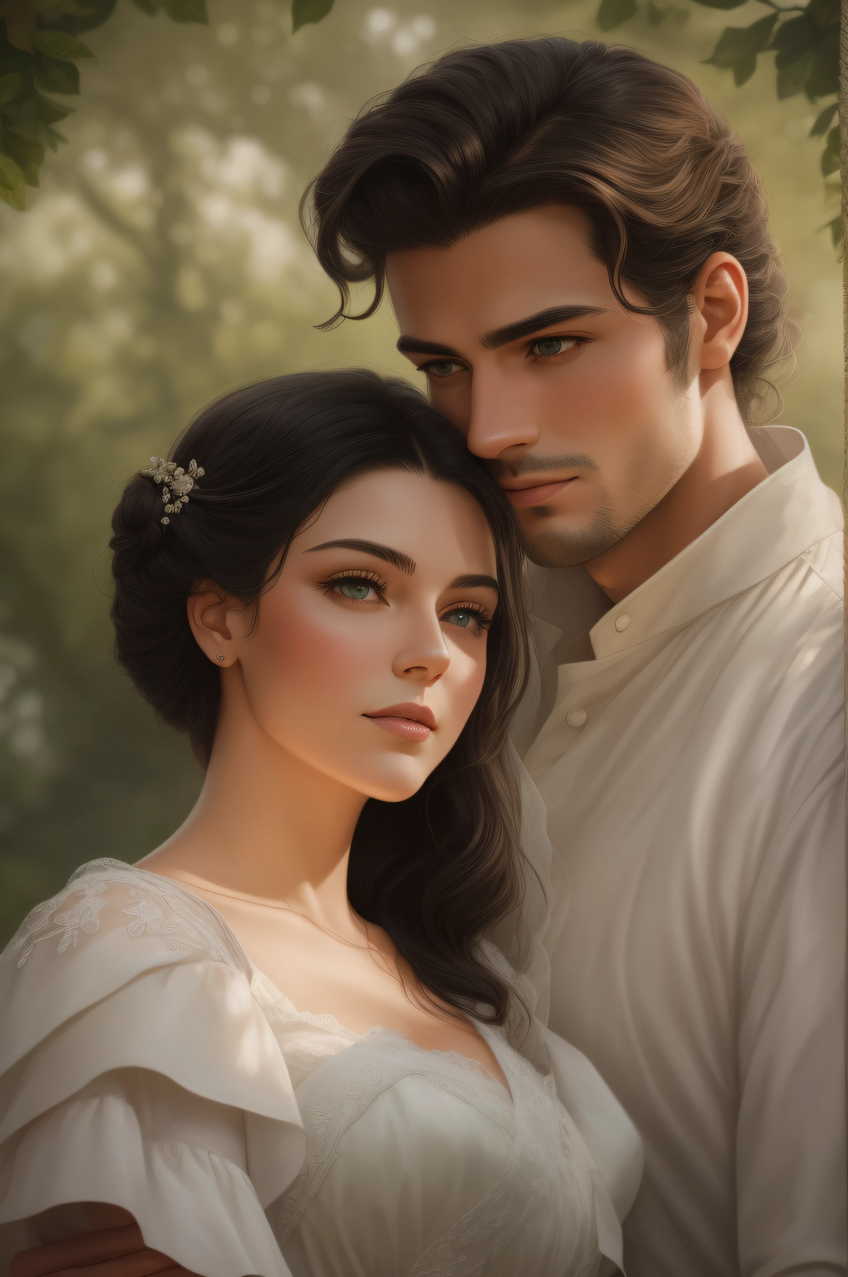 Masterpiece, best quality, RAW, analog style, A stunning portrait of a couple deeply in love in the gardens of a grand English countryside mansion in the year 1850. The man is tall, strong, and tanned handsome with brown wavy messy hair, brown eyes, and is around 30 years old. The woman is delicate with black straight hair styled in a bun, dark green eyes, and full lips, around 19 years old, scarlett ohara perfectly detailed facial traits. The couple is embracing each other passionately. Create a masterpiece realistic illustration with intricate details capturing their love and emotions. Use clothes appropriate for the time period, and ensure the artwork is highly detailed. Please pay close attention to the details, such as the highlights and shadows on face and hair, to create a lifelike and realistic image. Experiment with different lighting techniques to enhance the mood and atmosphere of the portrait. The final product should be a masterpiece that captures the essence and beauty of the couple, ((highly detailed skin, skin details)), sharp focus, volumetric fog, 8k UHD, DSLR, high quality, film grain, Fujifilm XT3
