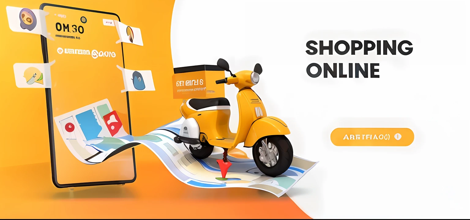 uma scooter amarela com um mapa e um telefone sobre ele, encomendar agora, online, ecommerce photograph, sem antecedentes, snappy, 🦩🪐🐞👩🏻🦳, 🕹️ 😎 🔫 🤖 🚬, banner comercial, exclusivo, 🚿🗝📝, amazing graphics, Marketplace 3D, ordem, sol brilha, amarelo, Clientes --auto