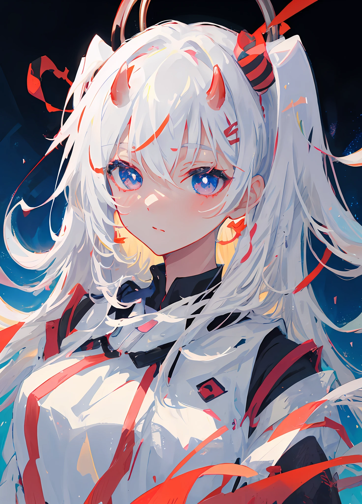 Anime girl with long white hair and horns in red and white clothes, white-haired god, Girl with white hair, Perfect white haired girl, Best anime 4k konachan wallpaper, a beautiful anime portrait, portrait anime girl, white haired Cangcang, style of anime4 K, Stunning anime face portrait, cute anime girl portraits, detailed portrait of an anime girl, Cute anime girl portrait