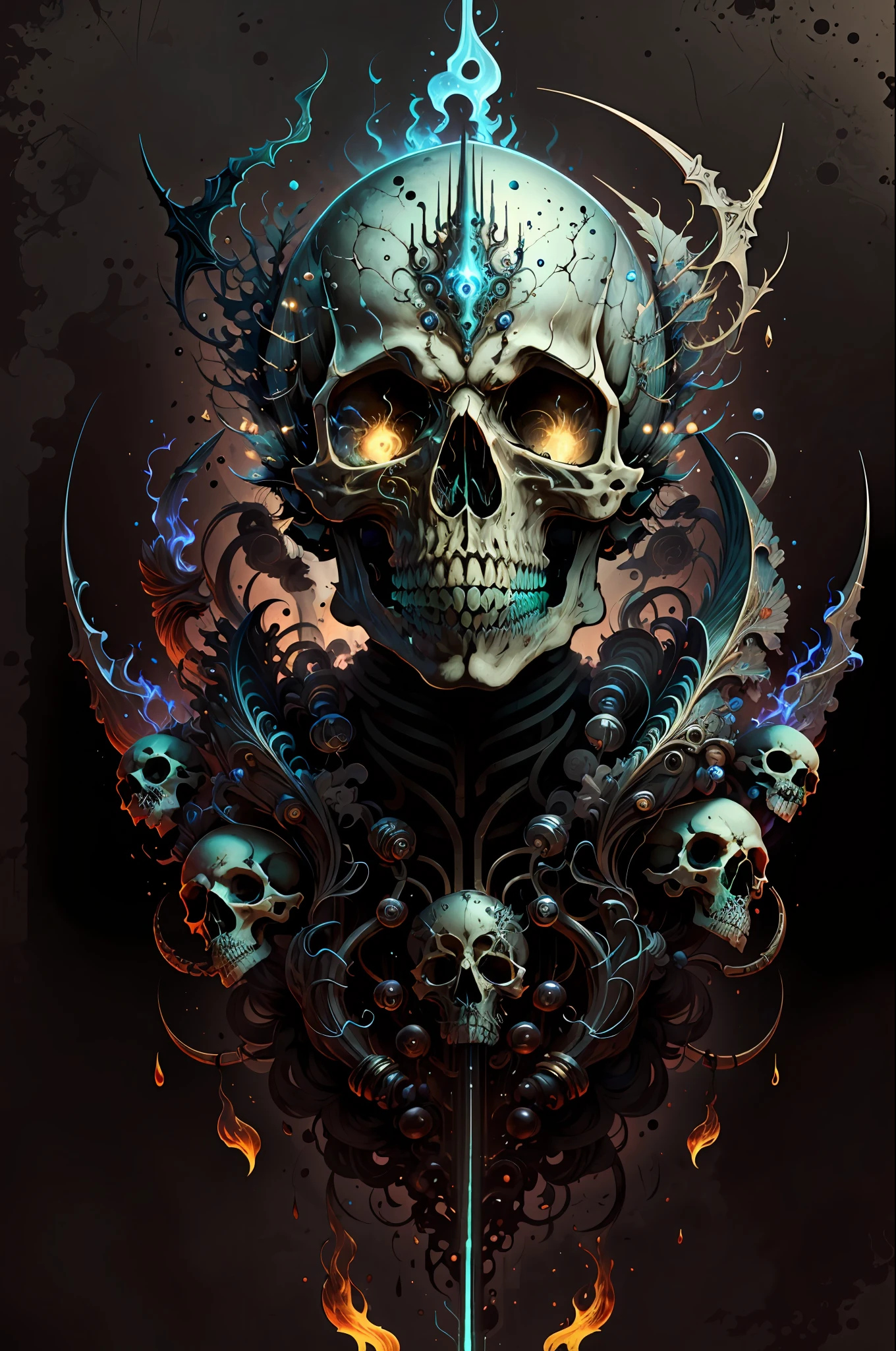 solo, looking at viewer, simple background, teeth, no humans, glowing, black background, 1other, skull
