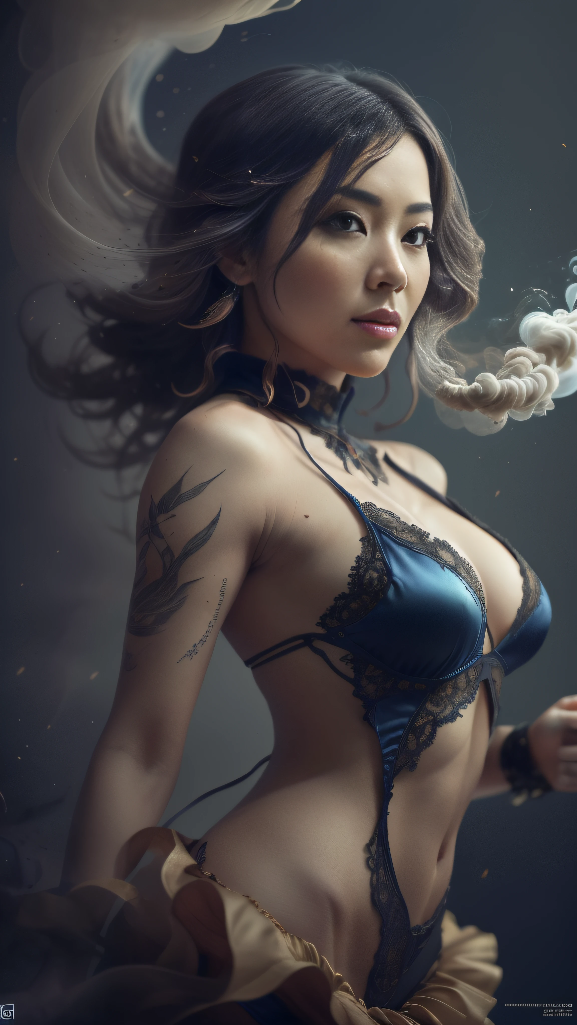A woman who is,Clothing does not cover the body, Ultra detailed art abstract photography in dark hookah spiral, Lace satin-like flowing smoke like clouds and smoke, Ten billion wild feng shui journey, perfectly proportions, A detailed, art by alberto seveso, Carne Griffith, Wadim Kashin, Jean Baptiste Monge, splashart, ink cloud, dynamic dancing pose, intricately details, carefully, at centre, in frame, dramatic lighting, Popular on CGhSociety, iintricate, Epic, Popular on artstation, highly detailed, TanvirTamim, with dynamism, Make movie character renderings, Ultra high quality, 8K