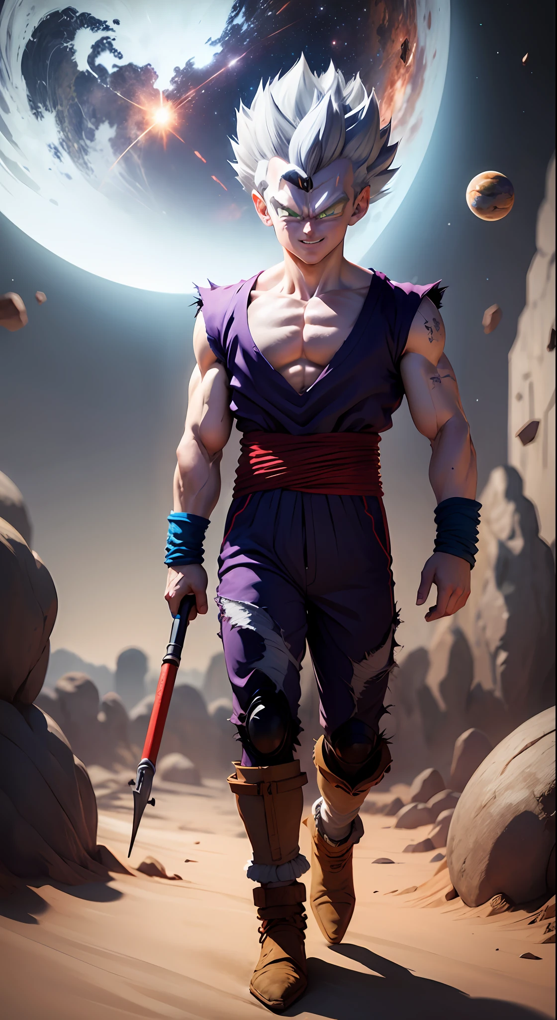 masterpiece, best quality, ultra-detailed, adult Vegeta 1boy, solo, super sayagin 5, full body, evil smile, gray hair, spiky hair, red eyes, dougi, full body, looking at the viewer, male focus, earth \(planet\), planet, space, cracked soil and rocks rising, rubble rising,
