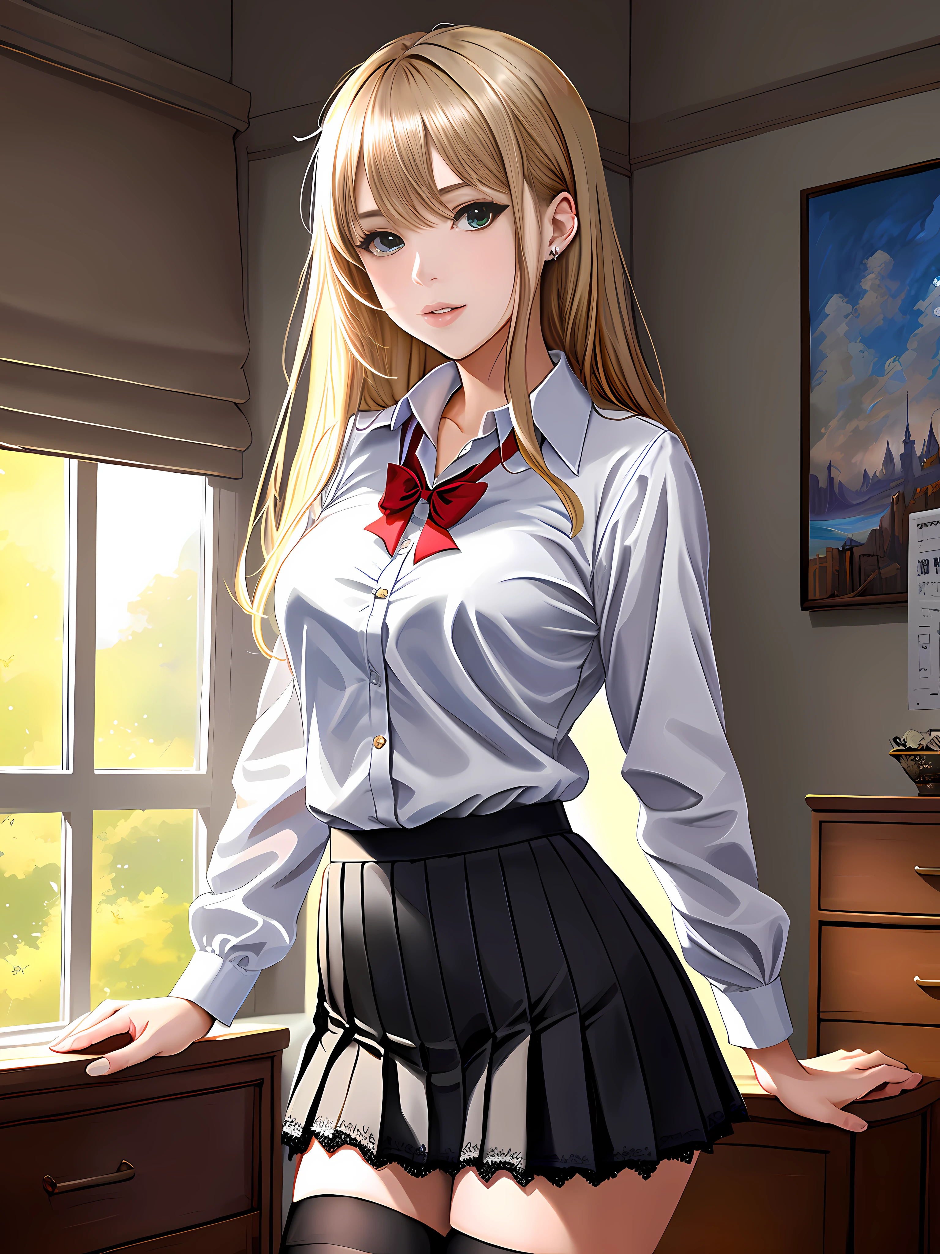 In her room, in a school for young ladies, a beautiful European schoolgirl, blonde with green eyes, beautiful facial features, perfect hands, perfect detailed eyes, thin lips, hourglass body, small waist, shapely legs, big chest, beautiful gradient, Full body, Beautiful anime style girl, clean detailed facesKawaii, anime girl, dynamic pose, (school uniform: grey V-neck blouse with lace and neckline, black mini-skirt with pleats and butterfly patterns, white knee-high stockings with diamond patterns, red bow tie), massive chest, full body, Uhd digital painting, hyperdetailed triadic colors, unreal engine, fantastical, intricate detail, complementary colors, fantasy concept art, 8k resolution, deviantart masterpiece, oil painting, heavy strokes, dynamic light source