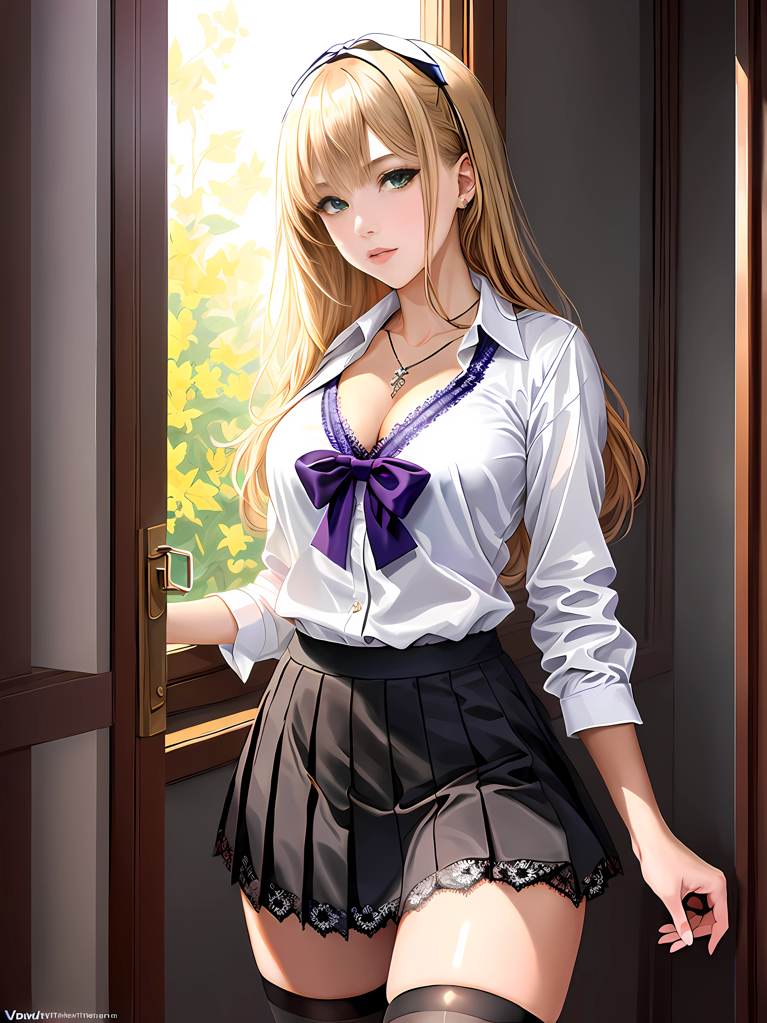 In her room, in a school for young ladies, a beautiful European schoolgirl, /(blonde with green eyes, beautiful facial features, perfect hands, perfect detailed eyes, thin lips, hourglass body, small waist, shapely legs, big chest,), beautiful gradient, Full body, Beautiful anime style girl, clean detailed facesKawaii, anime girl, dynamic pose, (school uniform: red V-neck blouse with lace and neckline, black mini-skirt with pleats and butterfly patterns, grey knee-high stockings with diamond patterns, purple bow,), massive chest, full body, Uhd digital painting, hyperdetailed triadic colors, unreal engine, fantastical, intricate detail, complementary colors, fantasy concept art, 8k resolution, deviantart masterpiece, oil painting, heavy strokes, dynamic light source