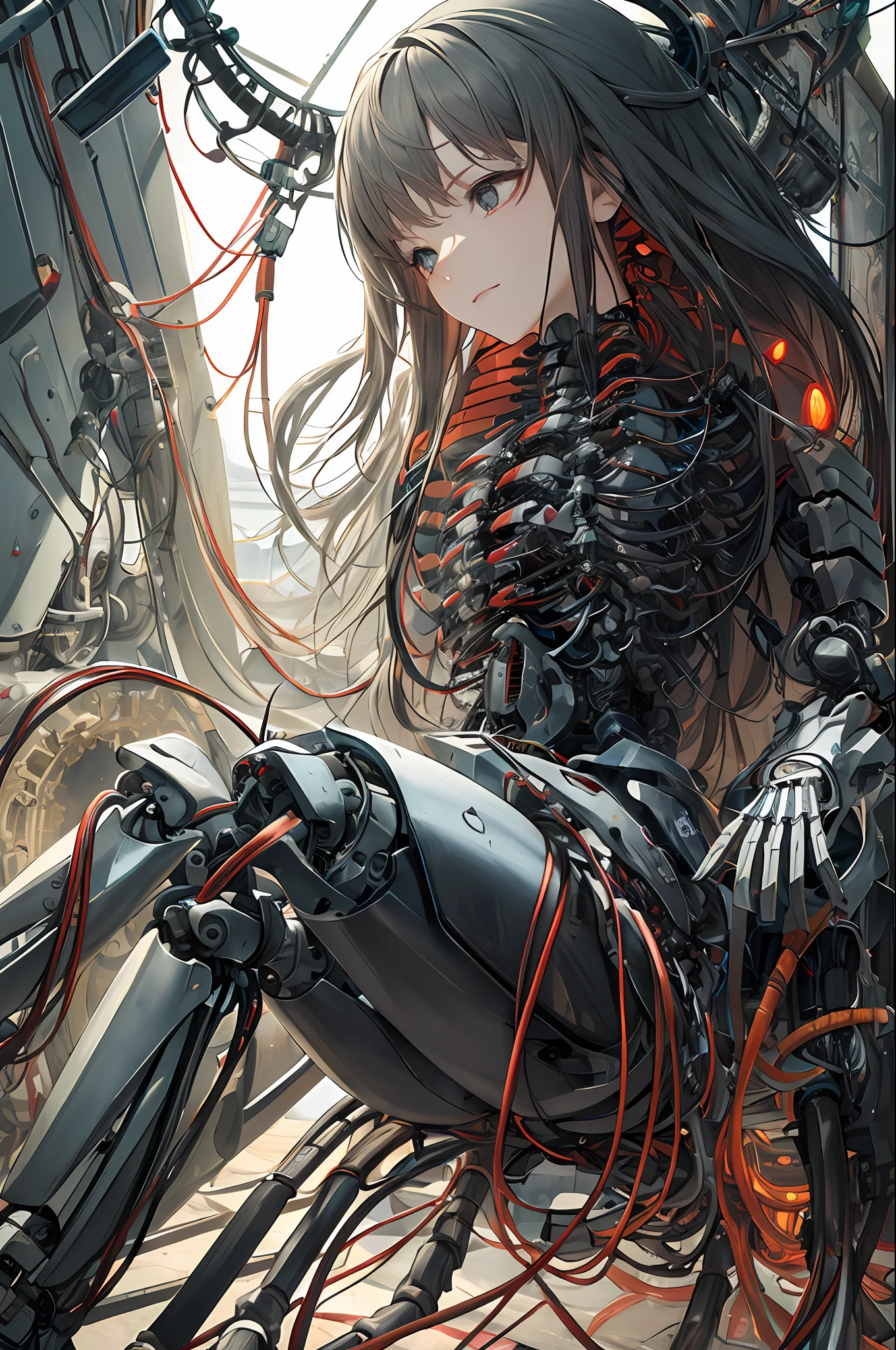 (((Masterpiece)))), (((highest quality)))), ((Ultra Definition)), (Very Fine Photoreality), ((Very Delicate and Beautiful)), (Delicate and Pretty Face), Cinematic Light, (((Machine Girl 1)), Solo, Full Body, Big, Cleavage Is Visible Skin, (Mechanical Joints: 1.4), (Mechanical Limbs)), (Blood vessels connected to tubes), (( Mechanical vertebrae attached to the back)), ((Mechanical cervical vertebrae) attached to the neck)), (((sitting)), Expressionless, (wires and cables attached to the head and body: 1.5), (Character Focus), Small LED lamp SF, detailed neon