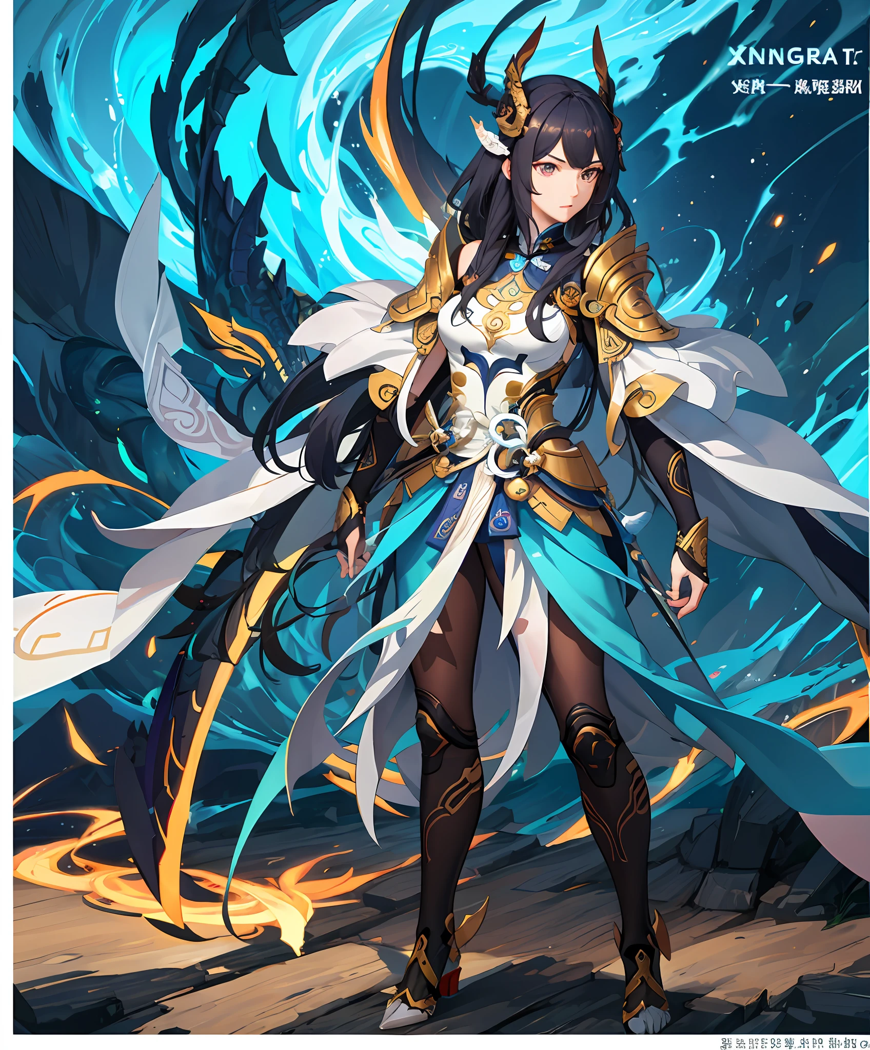 Video game picture with character in background, full-body xianxia, Inspired by Huang Shen, xianxia hero, zmonzheng, ( ( The king of artificial intelligence art ) ), Dragon Knight, ultra mega super hyper detail, Keqing from Genshin Impact, ultra hyper-detailed, mystical anubis valkyrie