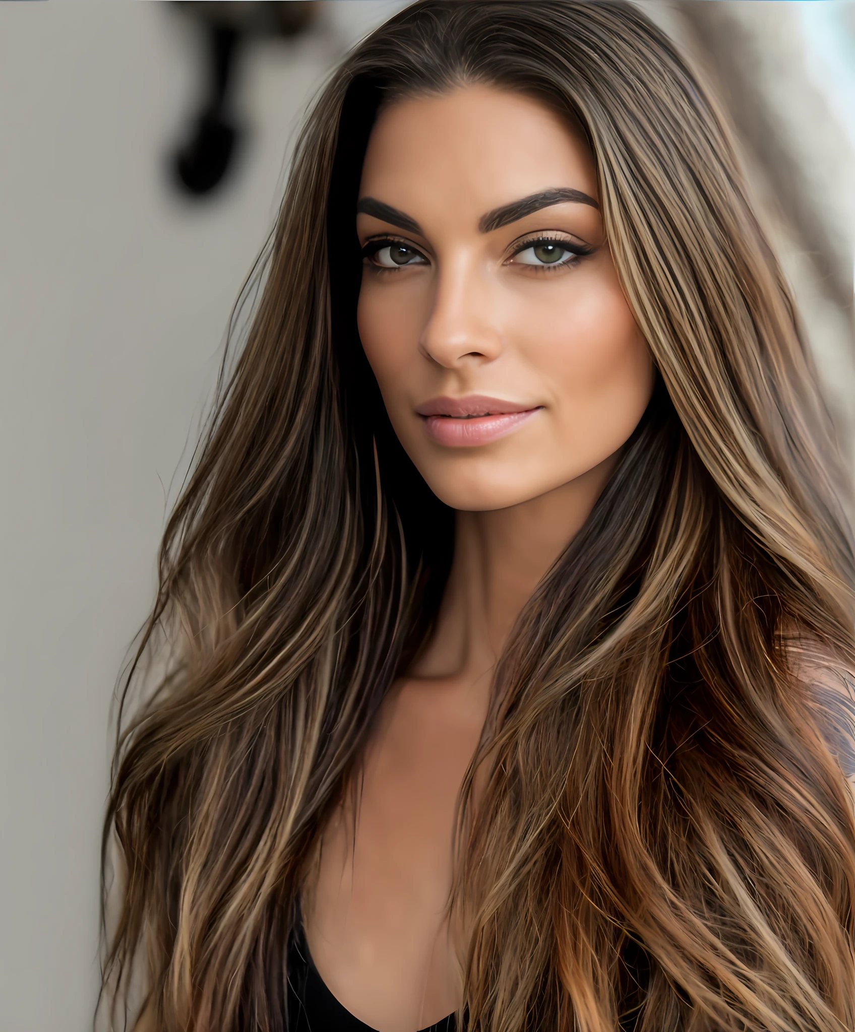 A closeup of a woman with long hair and a thin-strap black dress, morena com cabelos loiros tingidos, Cabelos castanhos claros separados, Alana Fletcher, Angelina Stroganova, cabelos borwn claros, julia sarda, Retrato Sophie Mudd, Anastasia Ovchinnikova, foto de uma mulher bonita, julia gorokhova, cabelos longos de cor castanha, penteado liso, tattoo on upper arm, neck tattoo, (cabelo detalhado, (cabelo realista), (obra-prima, melhor qualidade, alta resolução: 1.4), 1mulher, Linda, textura dos poros da pele, cabelo loiro, disco Rigido, fotografia, filmes, cinemactic, realista, (8k, Foto RAW, melhor qualidade, obra-prima: 1.2), (realista, realista: 1.33), melhor qualidade, olhos detalhados castanhos, olhos marcantes, majo, natural  lightting, profundidade de campo, Films, pele enrugada, sharp looking portrait, detalhado e realista de uma mulher, (sardas:0,5) , looking-into-camera, Chapped lips, soft natural lighting, fotografia de retrato, magic photography, lighting dramatic, Foto realism, ultra-detalhado, intimate portrait composition, Leica 50mm | | | | | | | | |, F1. 4