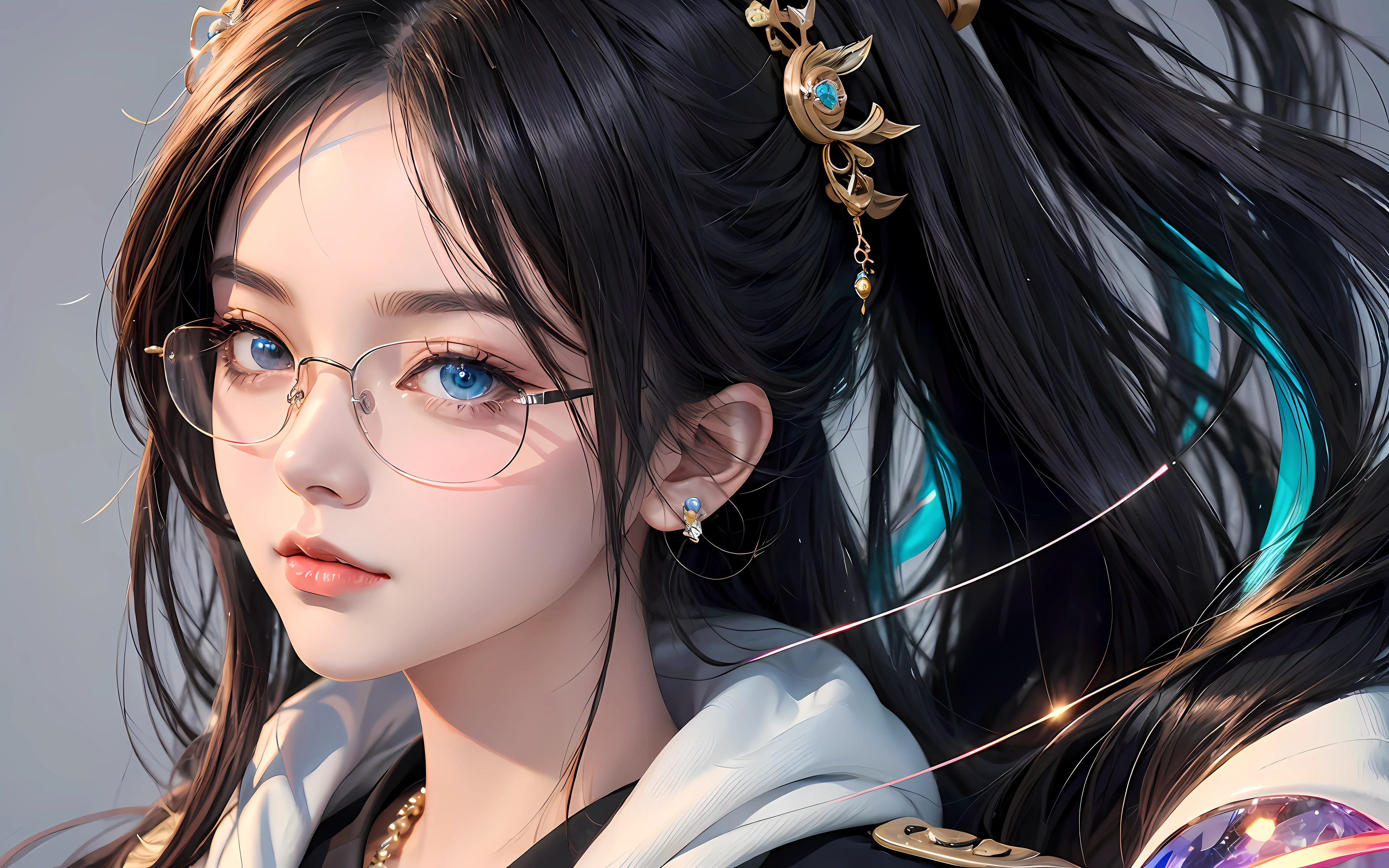 Anime girl with glasses and jewelry on her face, Detailed digital anime art, Guviz-style artwork, Guviz, Stunning anime face portrait, clean and meticulous anime art, With glasses, High quality anime art style, Cool glasses, By Yuumei, Anime moe art style, anime highly detailed, piercing clear eyes, Sparkling eyes, magical glowing eyes