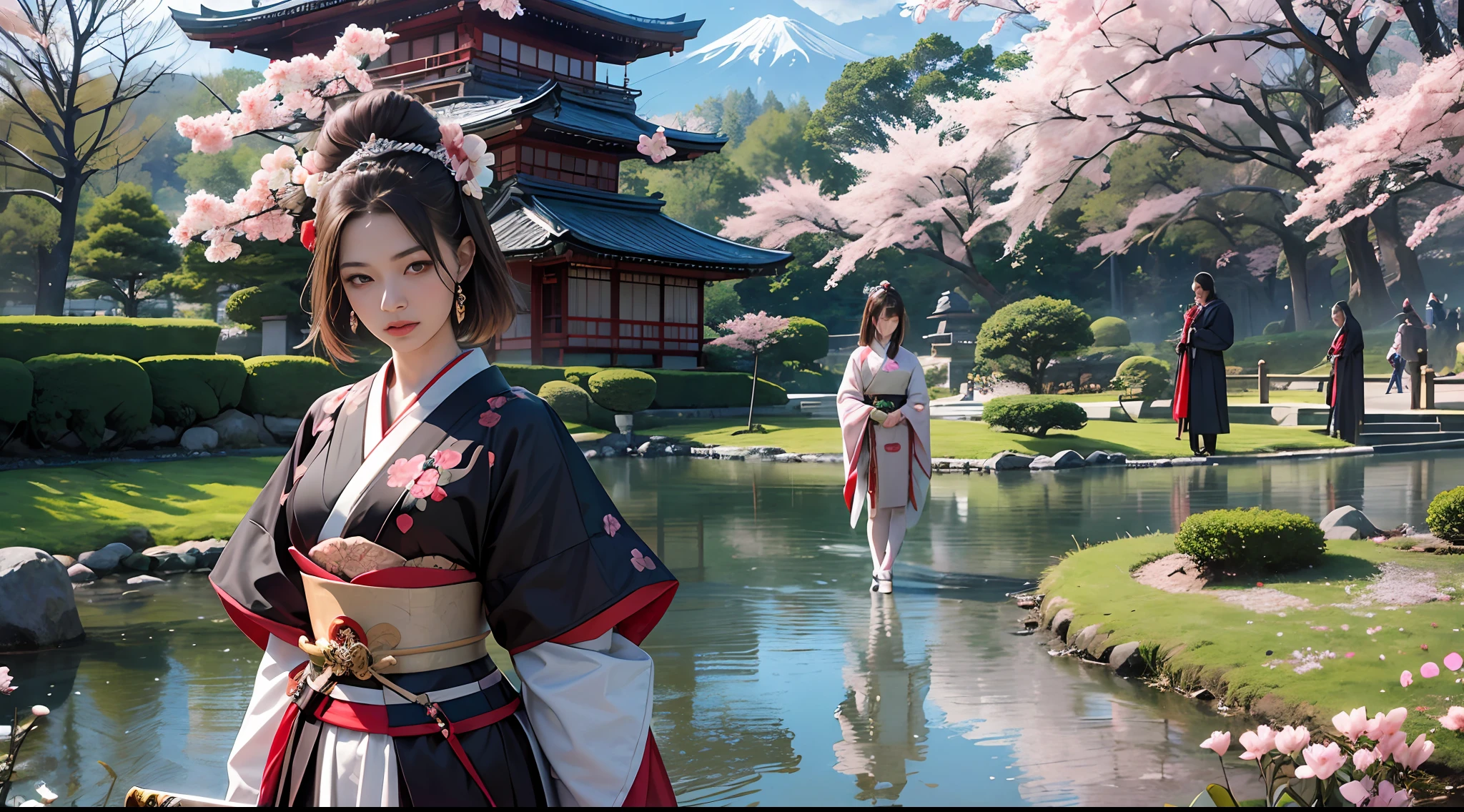 8k, ultrarealistic, japanese princess looking sad, woman full of darkness, japanese castle, japanese gardens, empress, standing next to samurai guards, brown hair, flowers, cherry blossom, mount fuji, beautiful woman, 8k, princess, elegant, sword, short brown hair, violence, darkness, evil --auto --s2