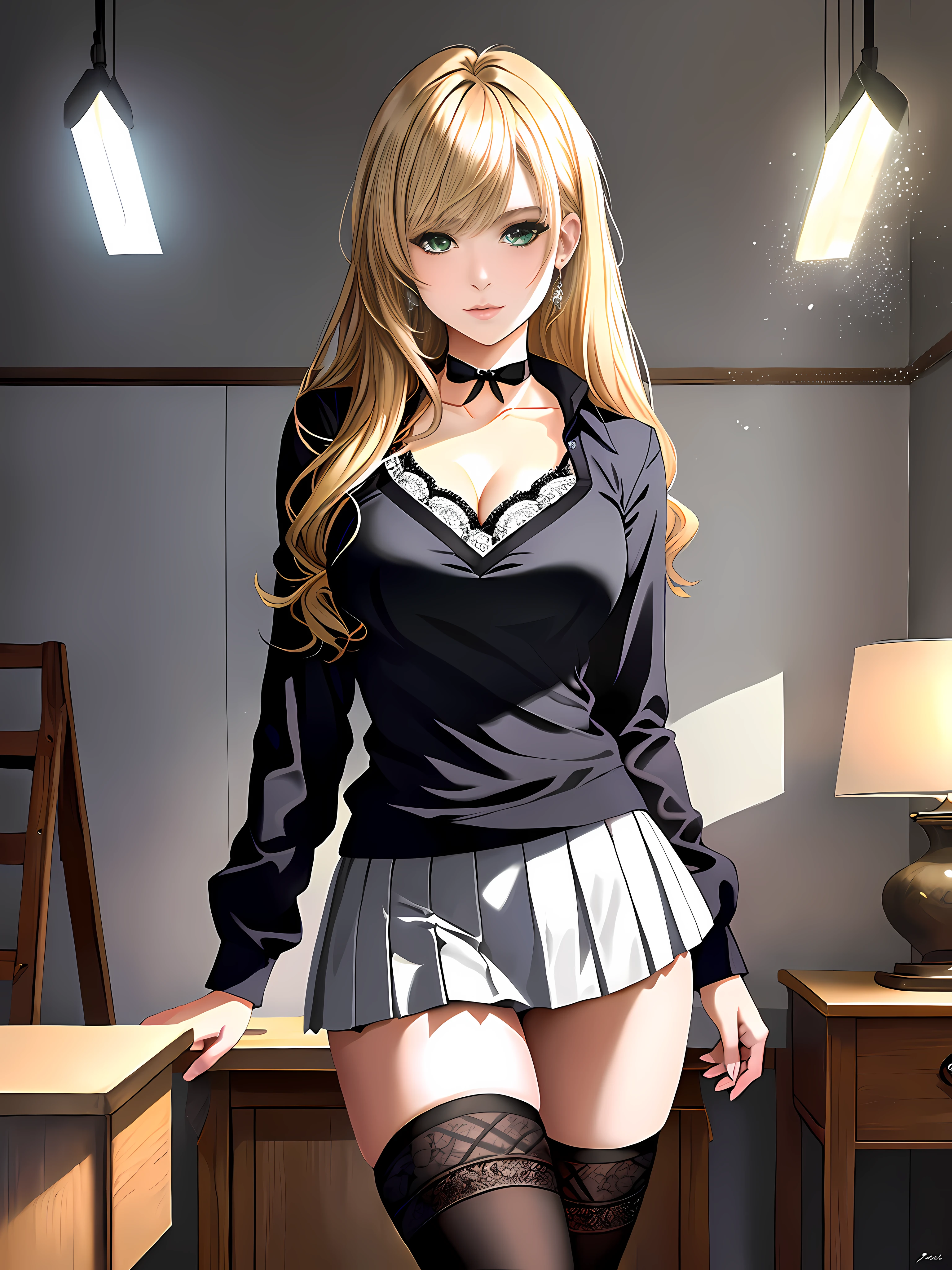 In her room, in a school for young ladies, a beautiful European schoolgirl, /(blonde with green eyes, beautiful facial features, perfect hands, perfect detailed eyes, thin lips, hourglass body, small waist, shapely legs, big chest,), beautiful gradient, Full body, Beautiful anime style girl, clean detailed facesKawaii, anime girl, dynamic pose, (school uniform: grey V-neck blouse with lace and neckline, black mini-skirt with pleats and butterfly patterns, grey knee-high stockings with diamond patterns, red bow,), massive chest, full body, Uhd digital painting, hyperdetailed triadic colors, unreal engine, fantastical, intricate detail, complementary colors, fantasy concept art, 8k resolution, deviantart masterpiece, oil painting, heavy strokes, dynamic light source