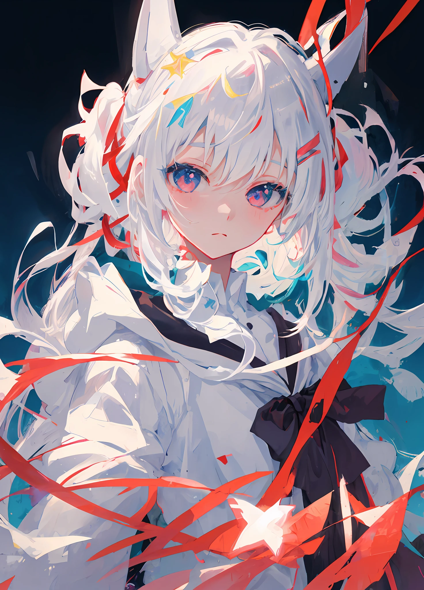 Anime girl with long white hair and horns in red and white clothes, white-haired god, Girl with white hair, Perfect white haired girl, Best anime 4k konachan wallpaper, a beautiful anime portrait, portrait anime girl, white haired Cangcang, style of anime4 K, Stunning anime face portrait, cute anime girl portraits, detailed portrait of an anime girl, Cute anime girl portrait