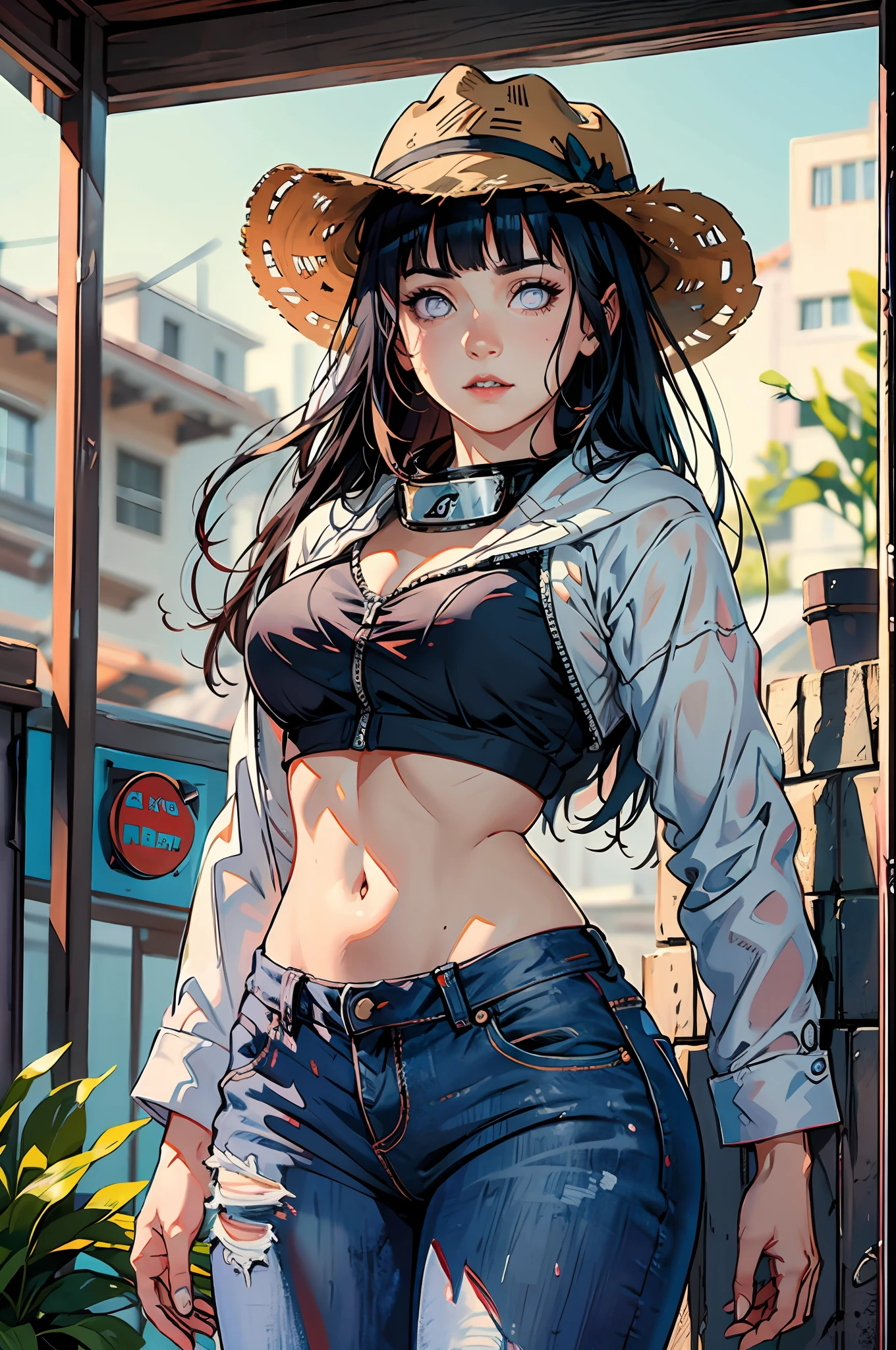 Hinata Hyuga in a cowboy hat and jeans, vaqueira, vaca-menina, Female cowgirl, Estilo de Charlie Bowater, Cowgirl ocidental, No estilo de Charlie Bowater, estilo de arte charlie bowater, arte em quadrinhos ocidental, em estilo de cory loftis, Estilo Jean Giraud, Directed by: Jim Davis, arte do personagem charlie bowater, arte ocidental dos quadrinhos cabelo comprido, Speaker behind, corpo inteiro, muito realista, extremamente sexy, 8k, 8k extremamente detalhado), (um extremamente delicado e bonito), (obra-prima), (melhor qualidade: 1.0), (ultra highres:1.0)