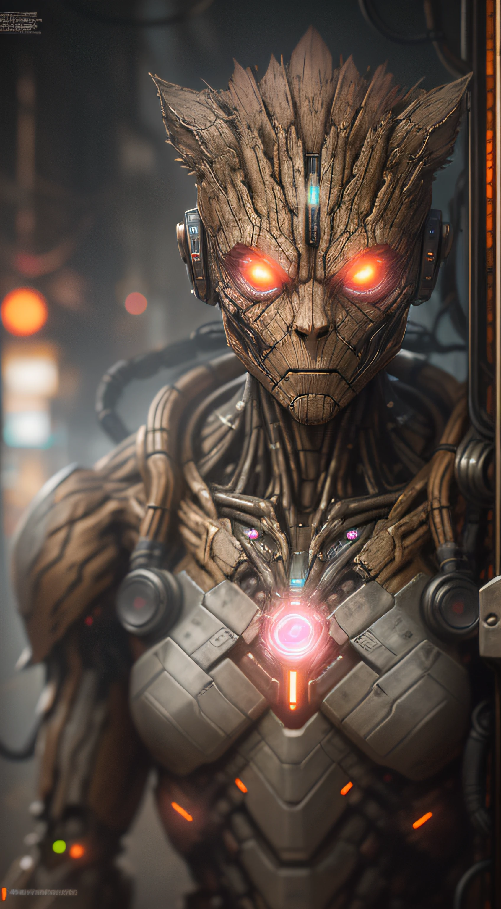 "Groot from Marvel photography, hyperrealistic robot with intricate biomechanical details and clean lines, showcasing the cyberpunk aesthetic. A masterpiece featured on Zbrush Central."