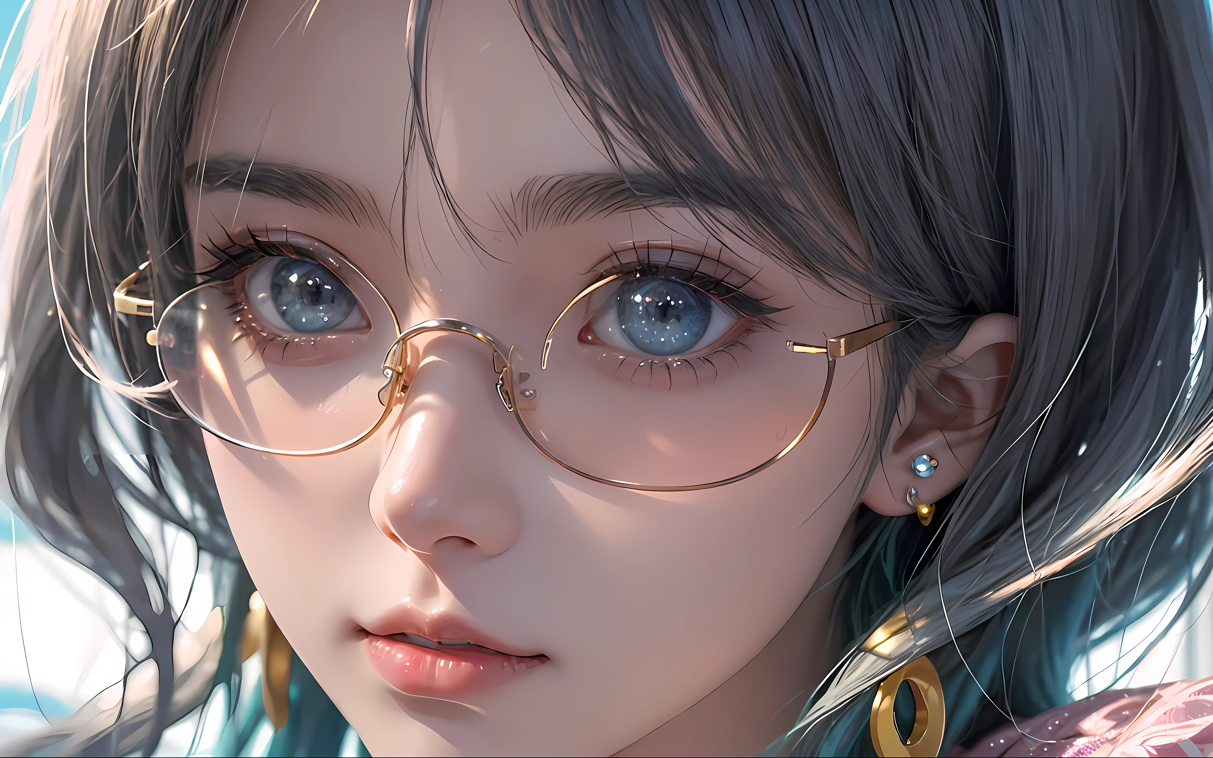 Anime girl with glasses and jewelry on her face, Detailed digital anime art, Guviz-style artwork, Guviz, Stunning anime face portrait, clean and meticulous anime art, With glasses, High quality anime art style, Cool glasses, By Yuumei, Anime moe art style, anime highly detailed, piercing clear eyes, Sparkling eyes, magical glowing eyes