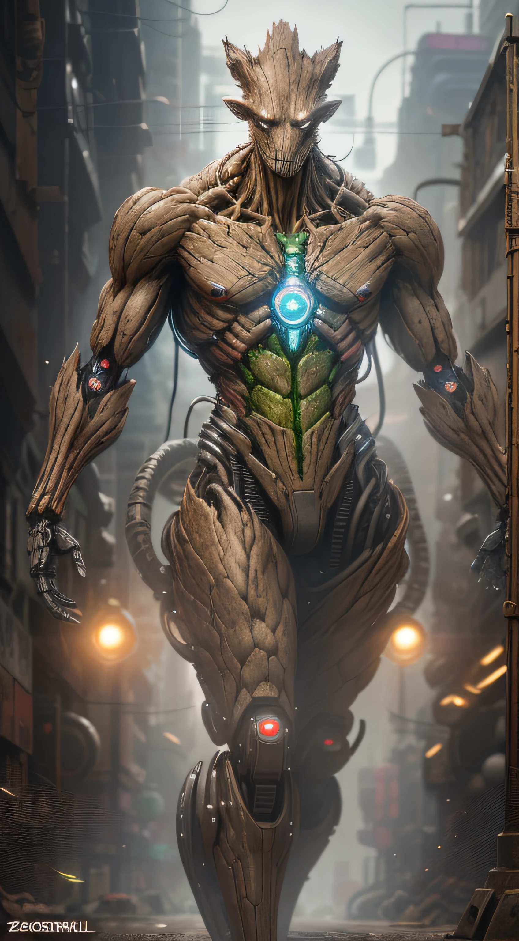 "Groot from Marvel photography, hyperrealistic robot with intricate biomechanical details and clean lines, showcasing the cyberpunk aesthetic. A masterpiece featured on Zbrush Central."