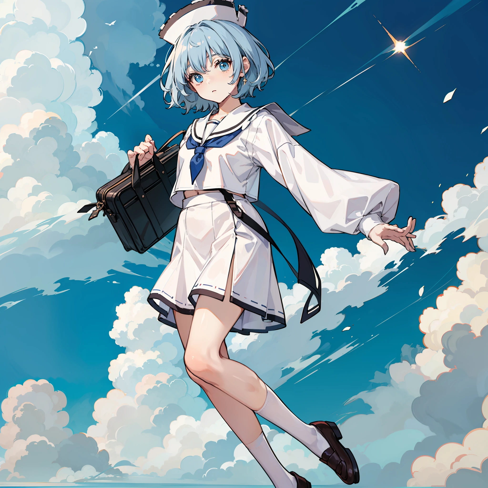 Description of a short-haired young woman holding a briefcase, 1 girl, Solo, Merlin Prism River, School uniform, Just flat, Skirt, shoes, serafuku, White Sailor Uniform, sox, mary janes, School Background, different costume, Long sleeves, Light blue hair, Full body, Looking at Viewer, Short hair