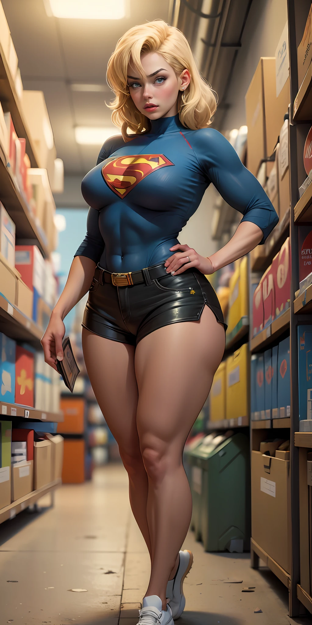 ((Melhor qualidade, 8k, Masterpiece :1.3)), mulher loira sensual, 1girl sexy, (figura esbelta :1.2), cabelo loiro longos, (ao ar livre, camisa com letra S do superman no peito, shorts :1.1), rosto ultra-detalhado, Detailed Lips, olhos azuis detalhados, Double eyelidm,(seios gigantescos:1.5) Superman symbol in the background.