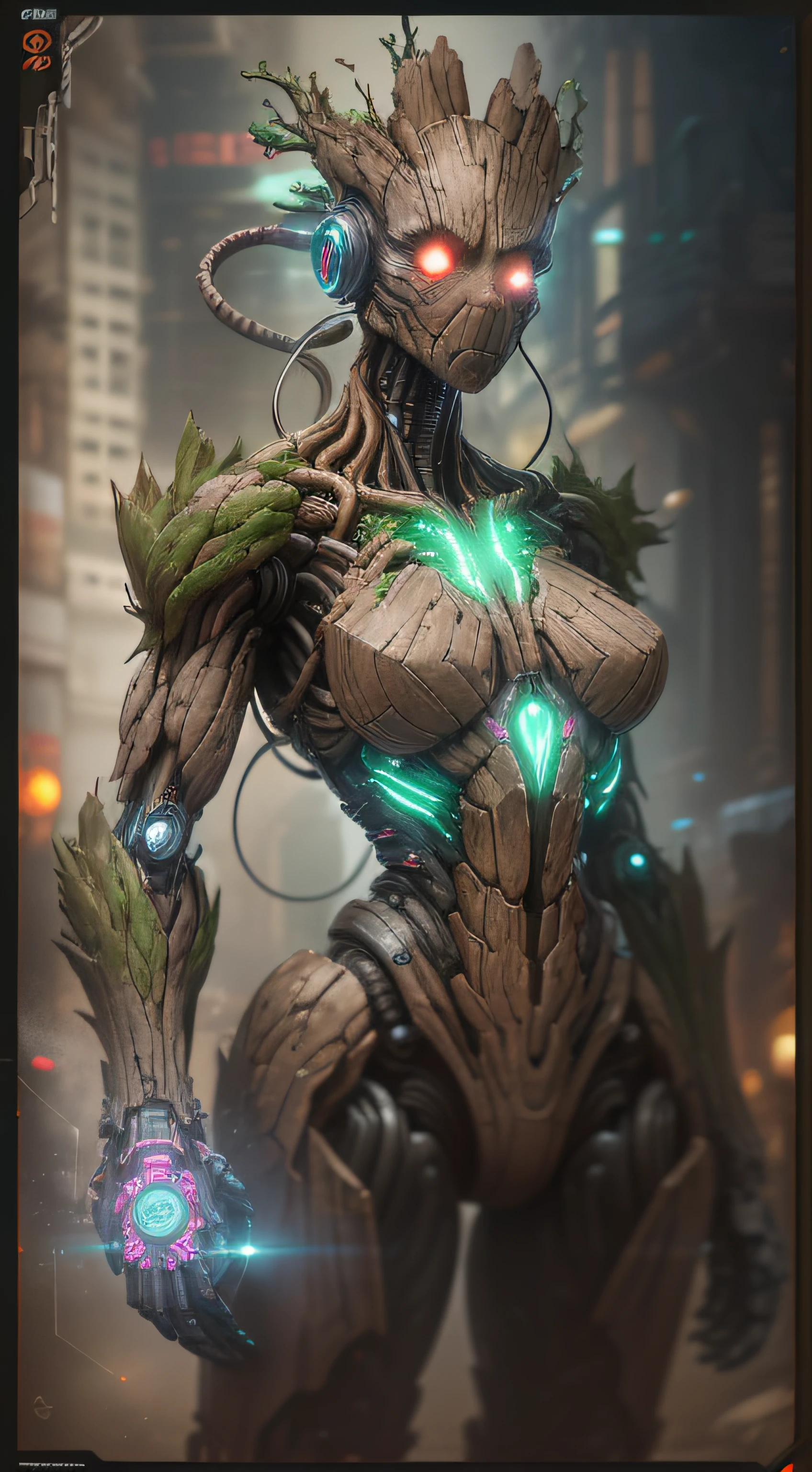 "Groot from Marvel photography, hyperrealistic robot with intricate biomechanical details and clean lines, showcasing the cyberpunk aesthetic. A masterpiece featured on Zbrush Central."